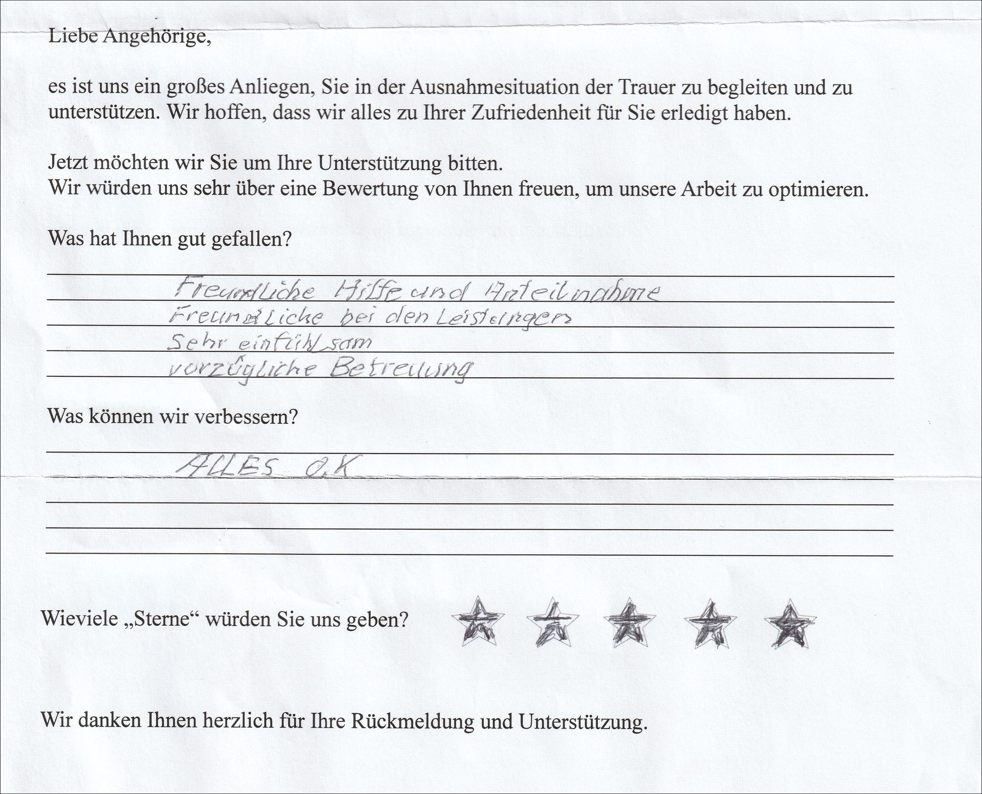 Handschriftliches Kundenfeedbackformular. Lob für freundliches Personal, guten Service und Fünf-Sterne-Bewertung.