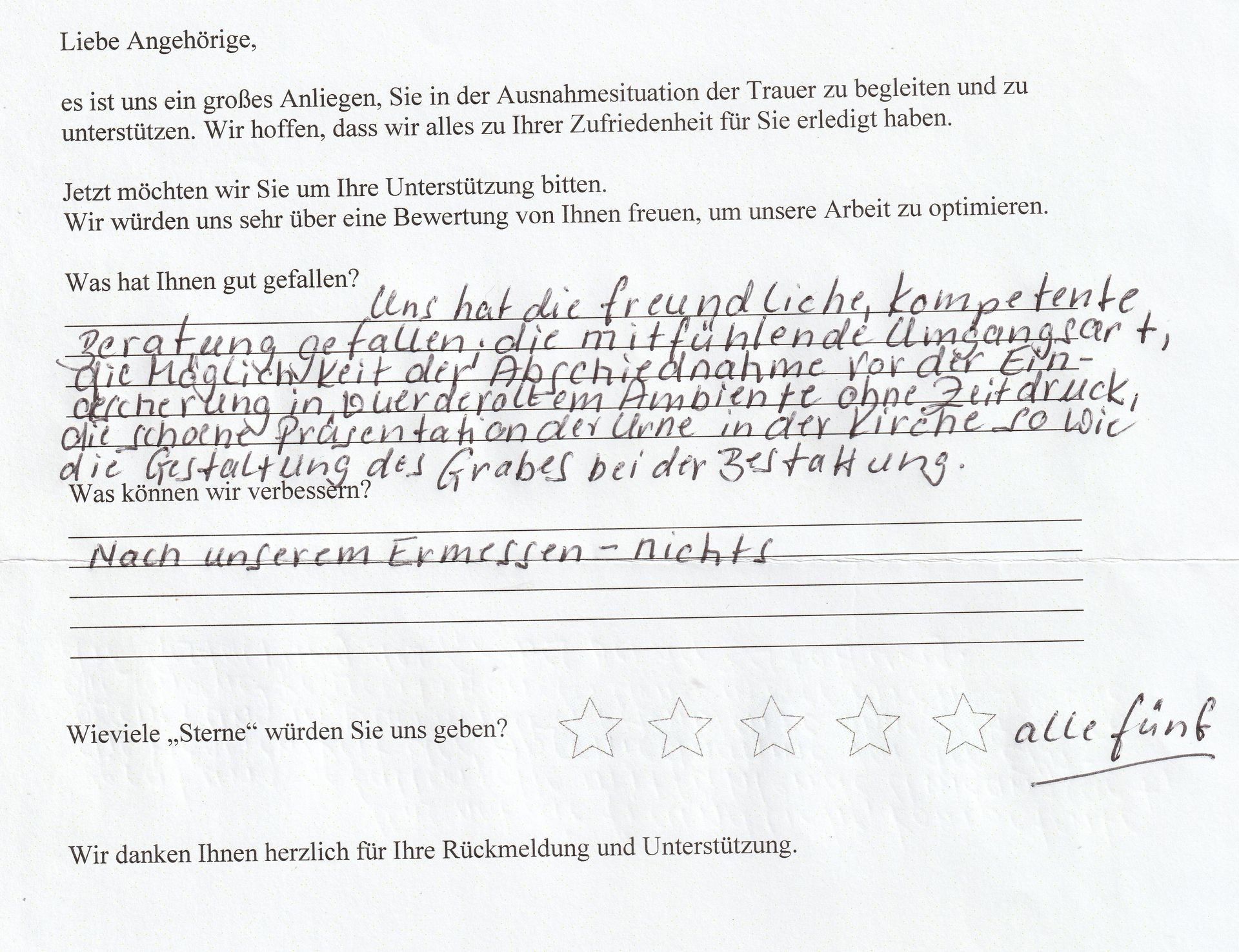 Handschriftliche Kundenbewertung mit 5 Sternen. Lobt den freundlichen, kompetenten Service und die Betreuung.