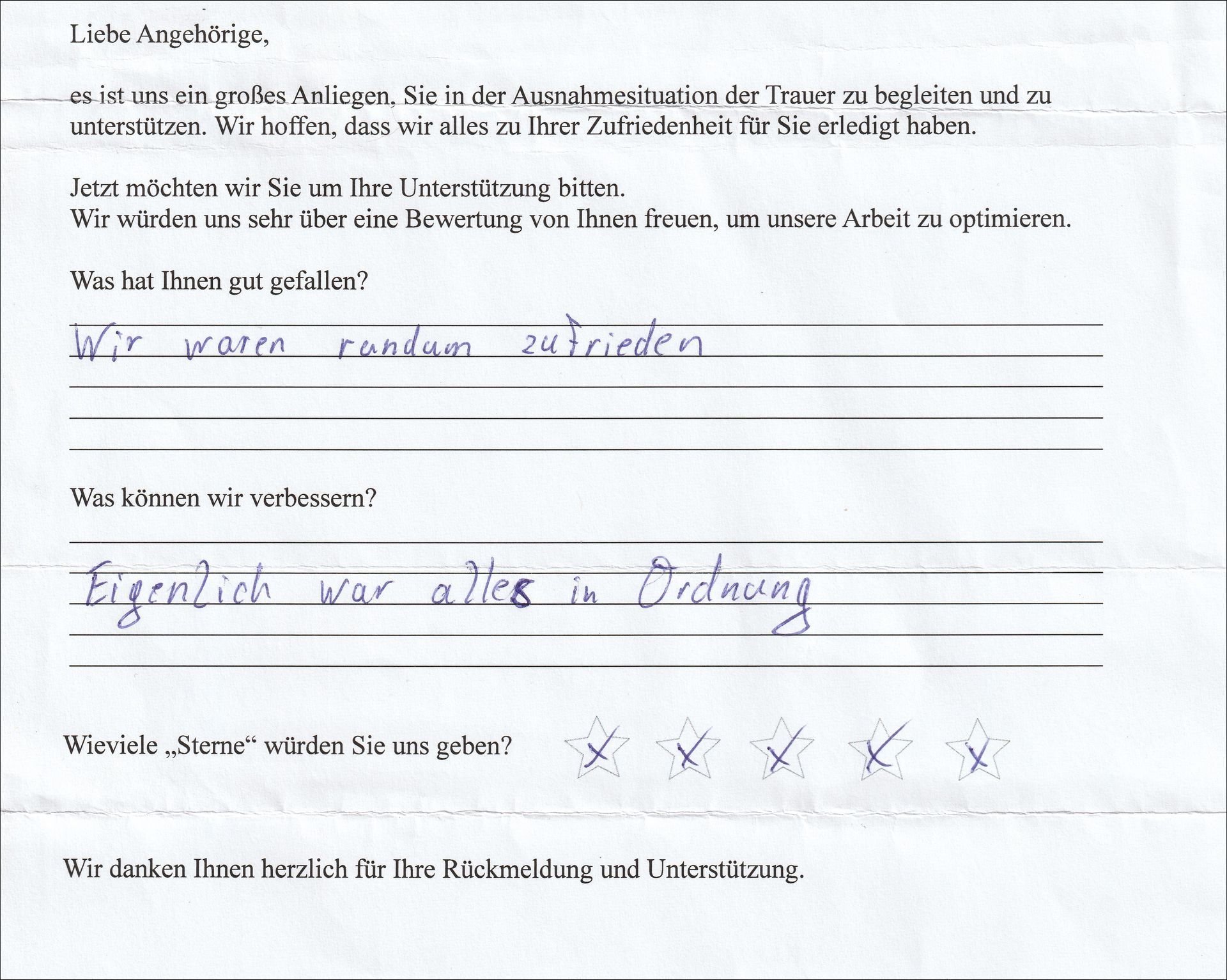 A handwritten survey, with responses. The first question is answered: