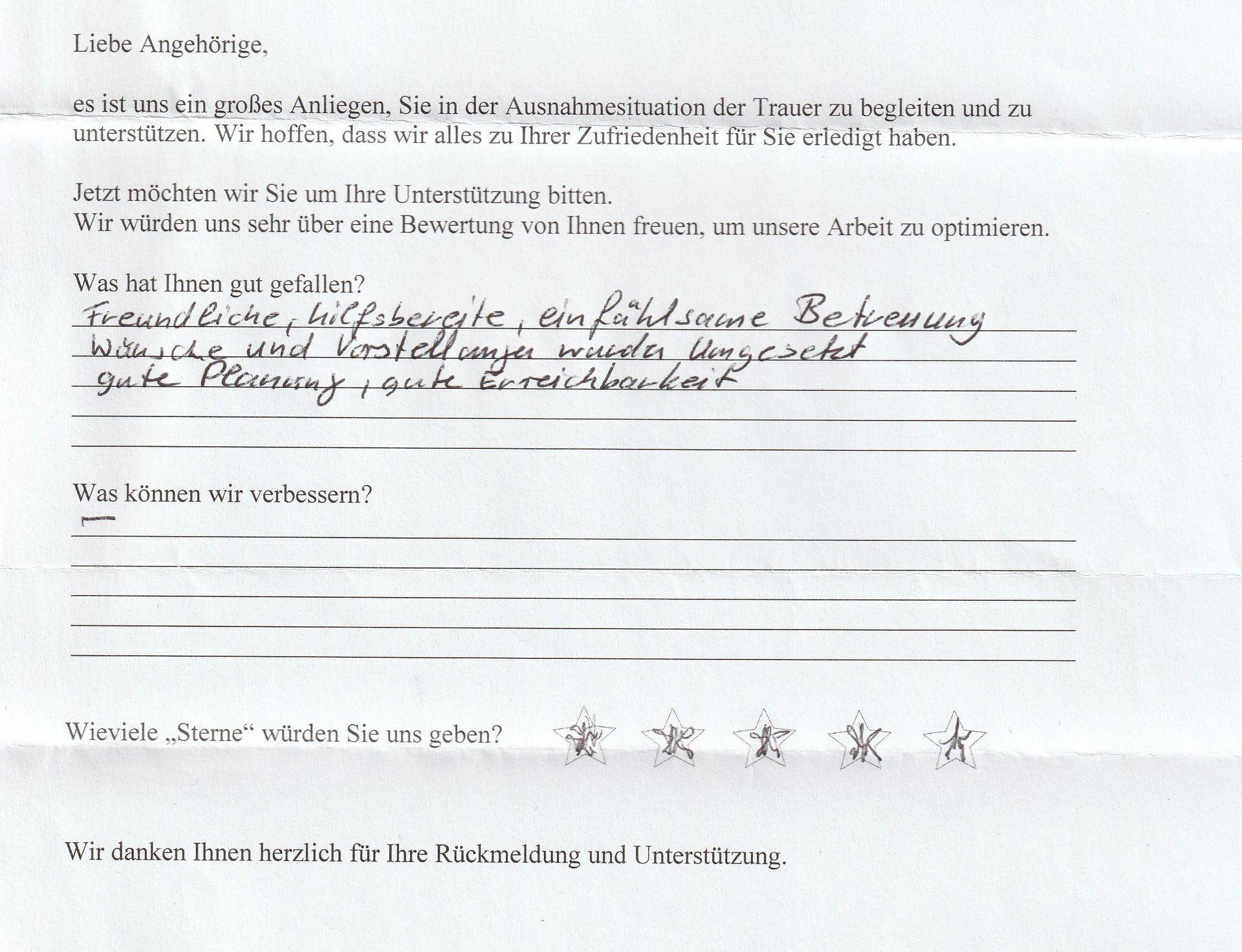 Handschriftlicher Feedbackbogen mit positiven Kommentaren, darunter „freundliche Hilfe“, „einfühlsame Betreuung“ und eine 5-Sterne-Bewertung.