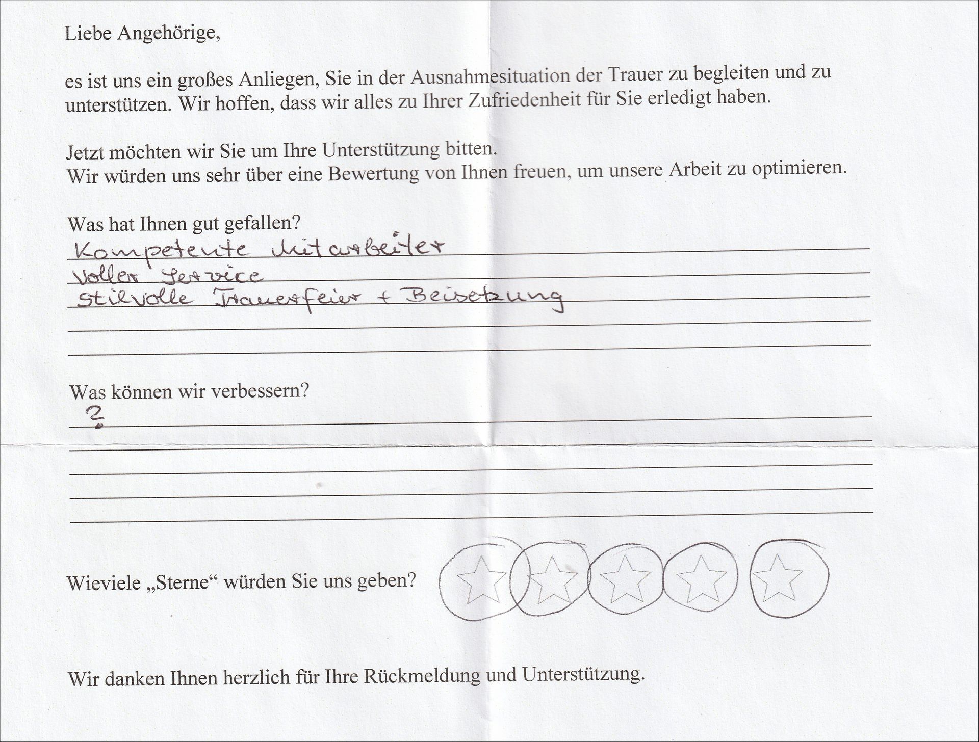 Handschriftliches Feedbackformular mit Kundenkommentaren zu einem Unternehmen und einer 2-Sterne-Bewertung.