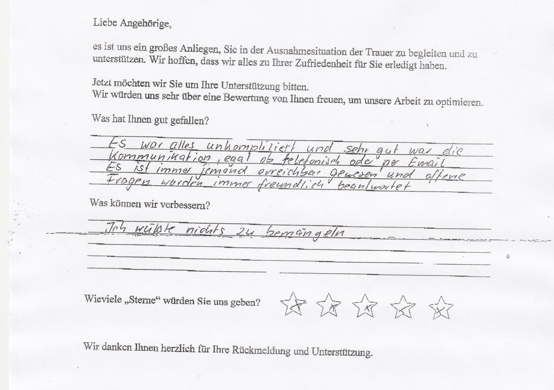 Handschriftliche Notiz mit Bewertungssternen und Kundenfeedback.