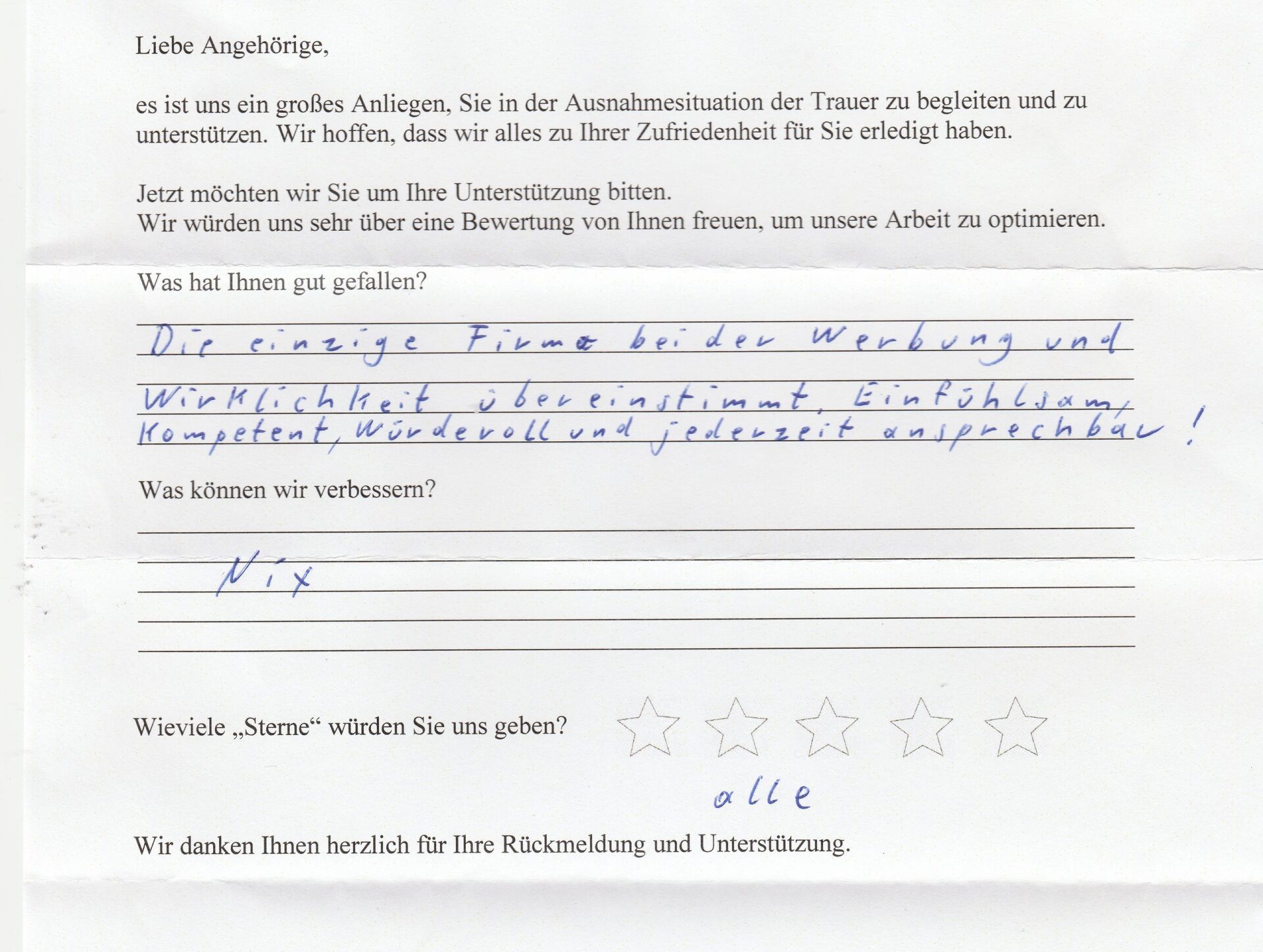 Handschriftliches Kundenfeedback zu einem Unternehmen, das den hervorragenden Service hervorhebt und die Höchstzahl von 5 Sternen vergibt.