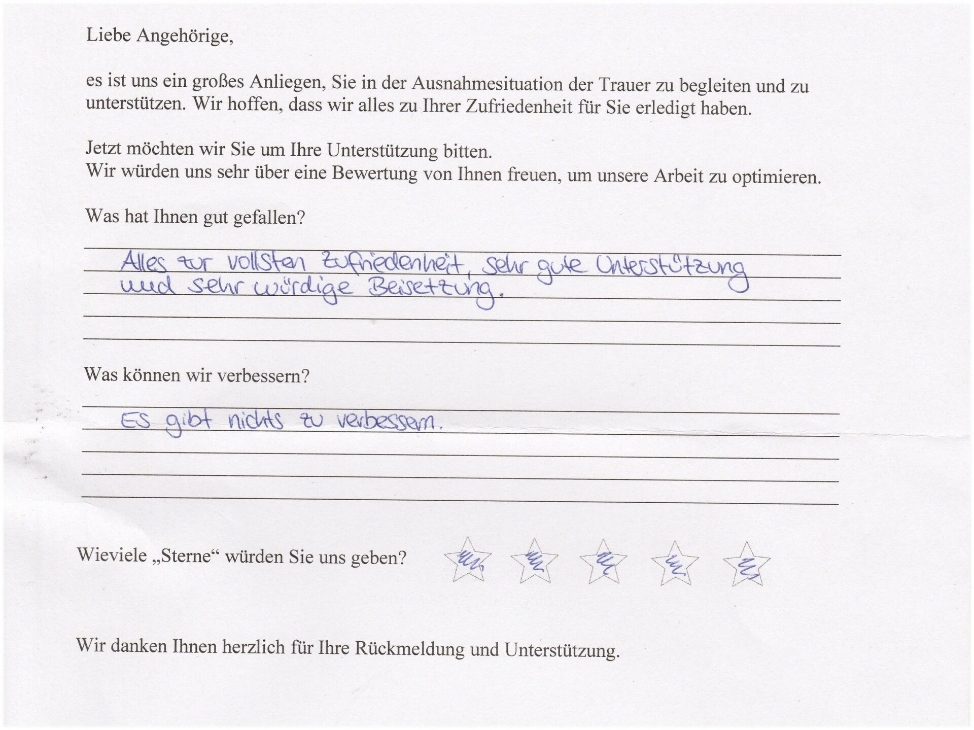 Handschriftliche Bewertung einer Dienstleistung mit dem Hinweis auf eine „super Zusammenarbeit“ und einer Sternebewertung.