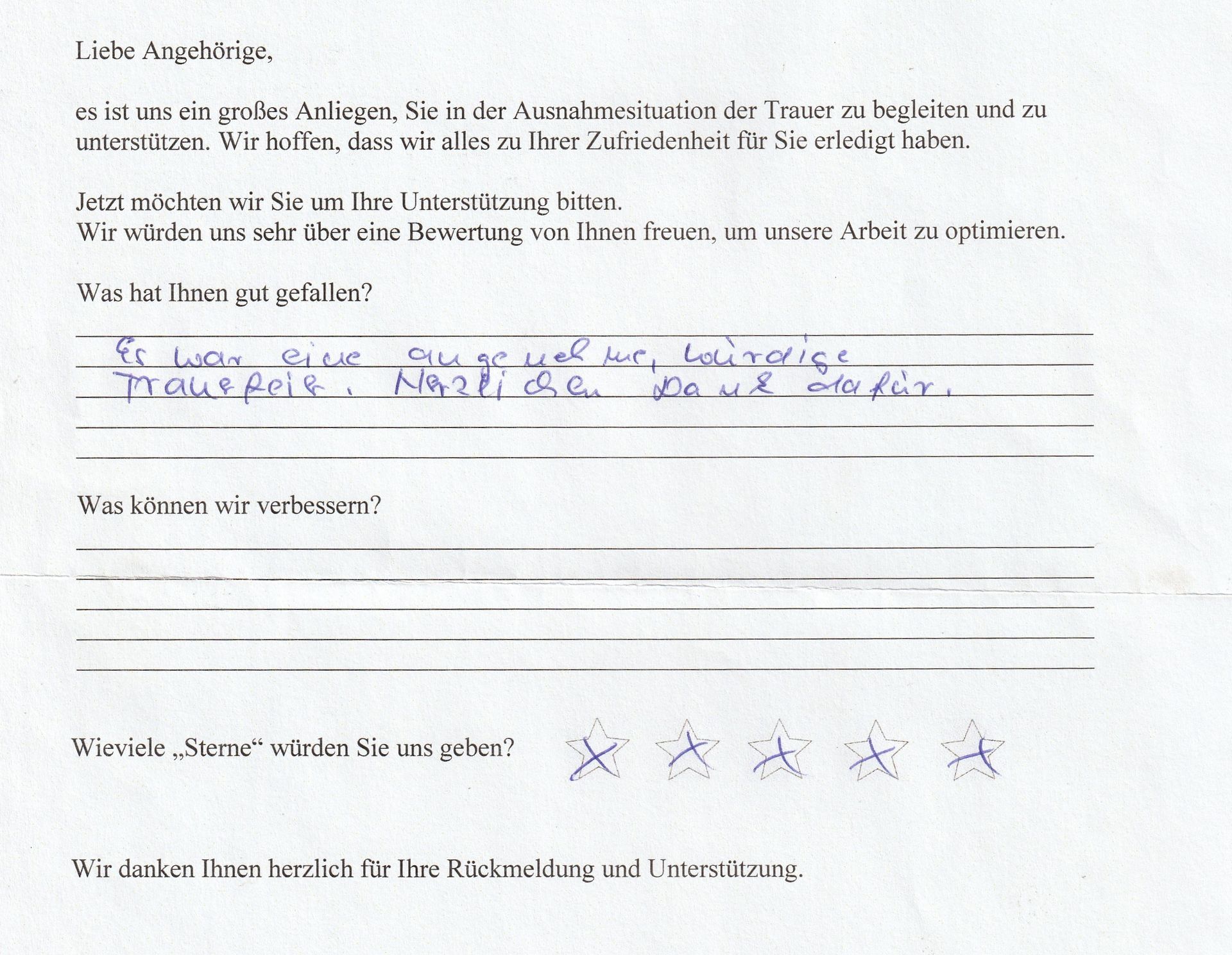 Deutsches Feedback-Formular; Nutzer lobt Service und bewertet ihn mit 4 Sternen.