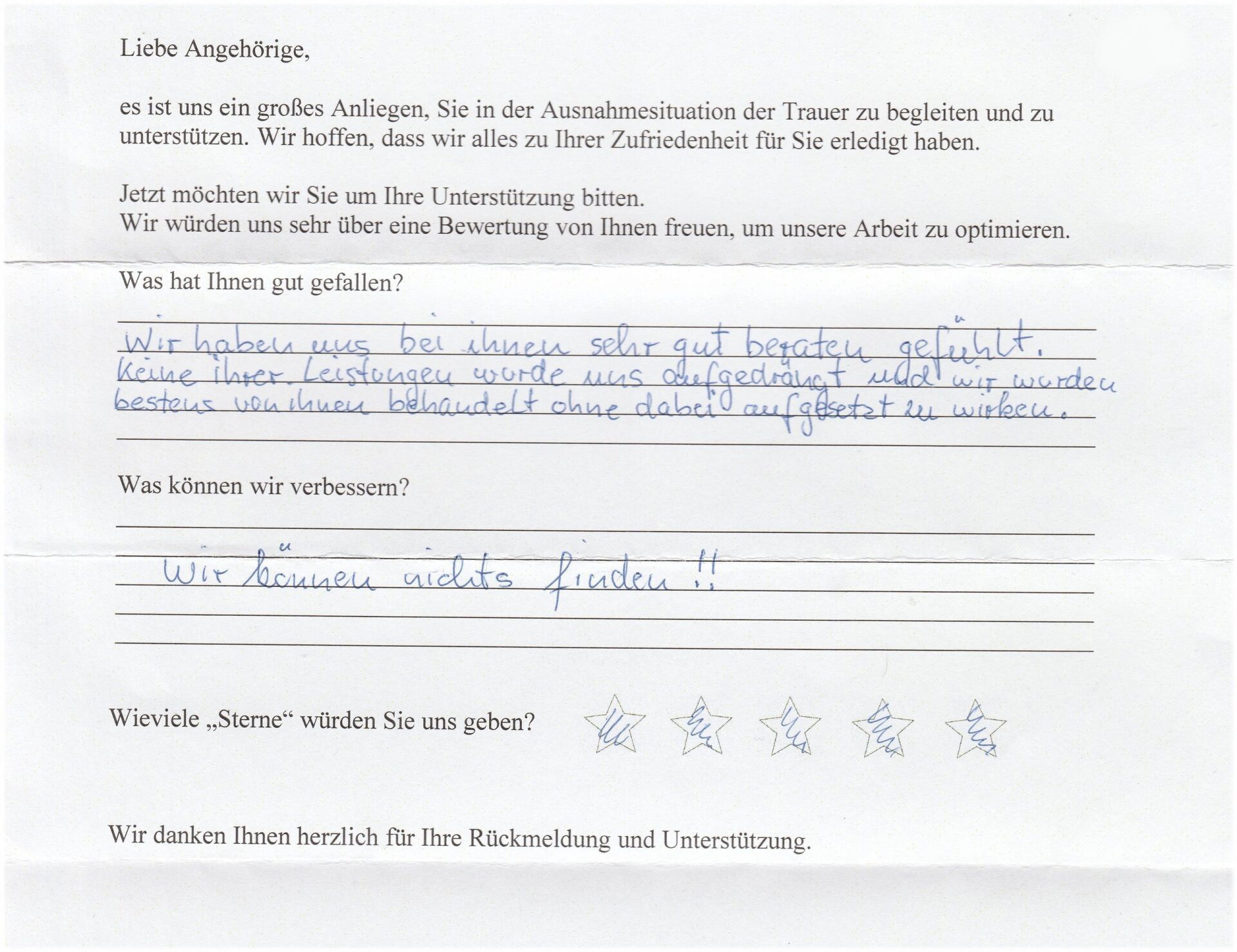 Handschriftliches Feedback zu einem Brief. Enthält ein schriftliches Lob, Verbesserungsvorschläge und eine Bewertung.