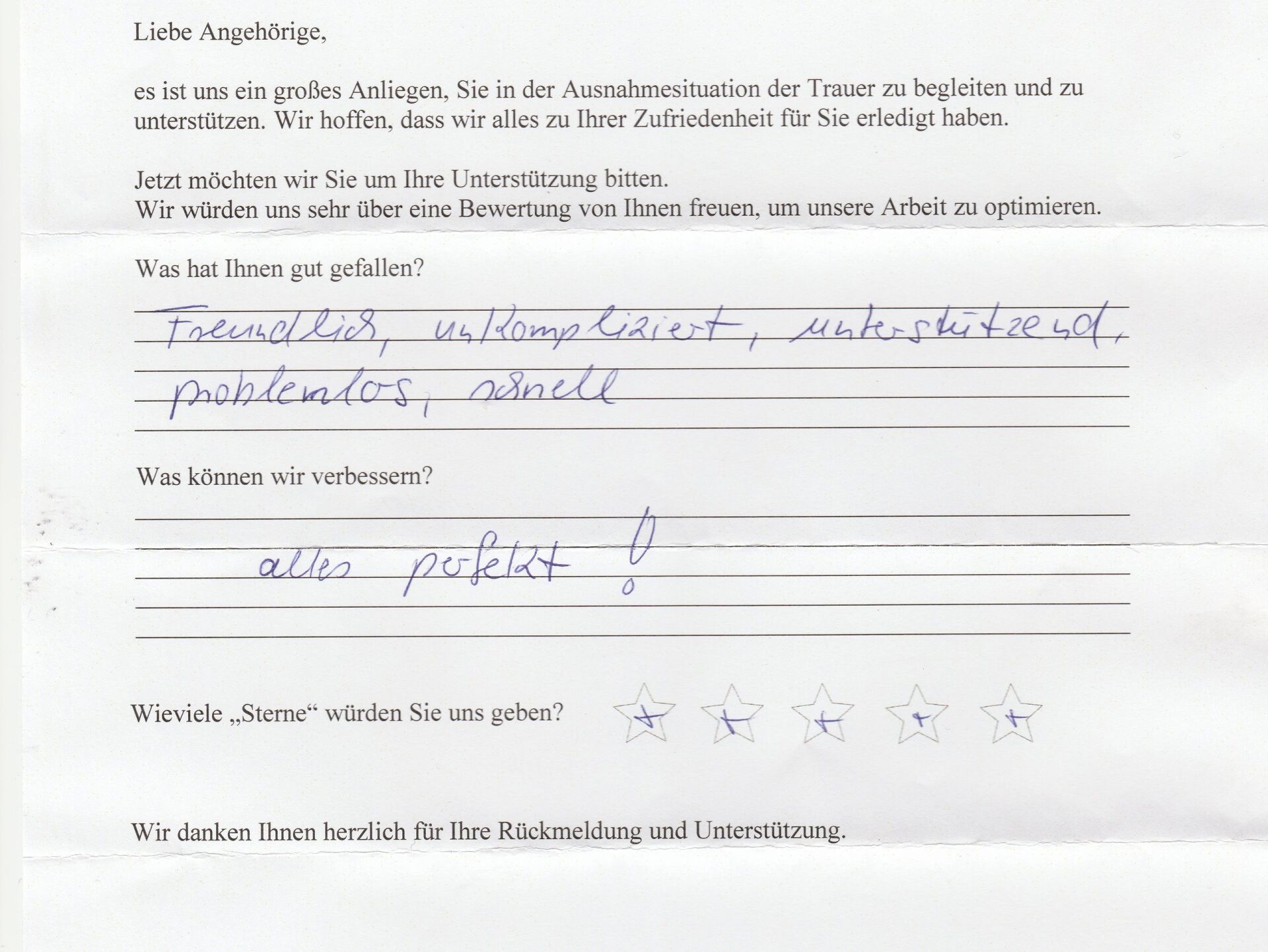 Handwritten feedback form: