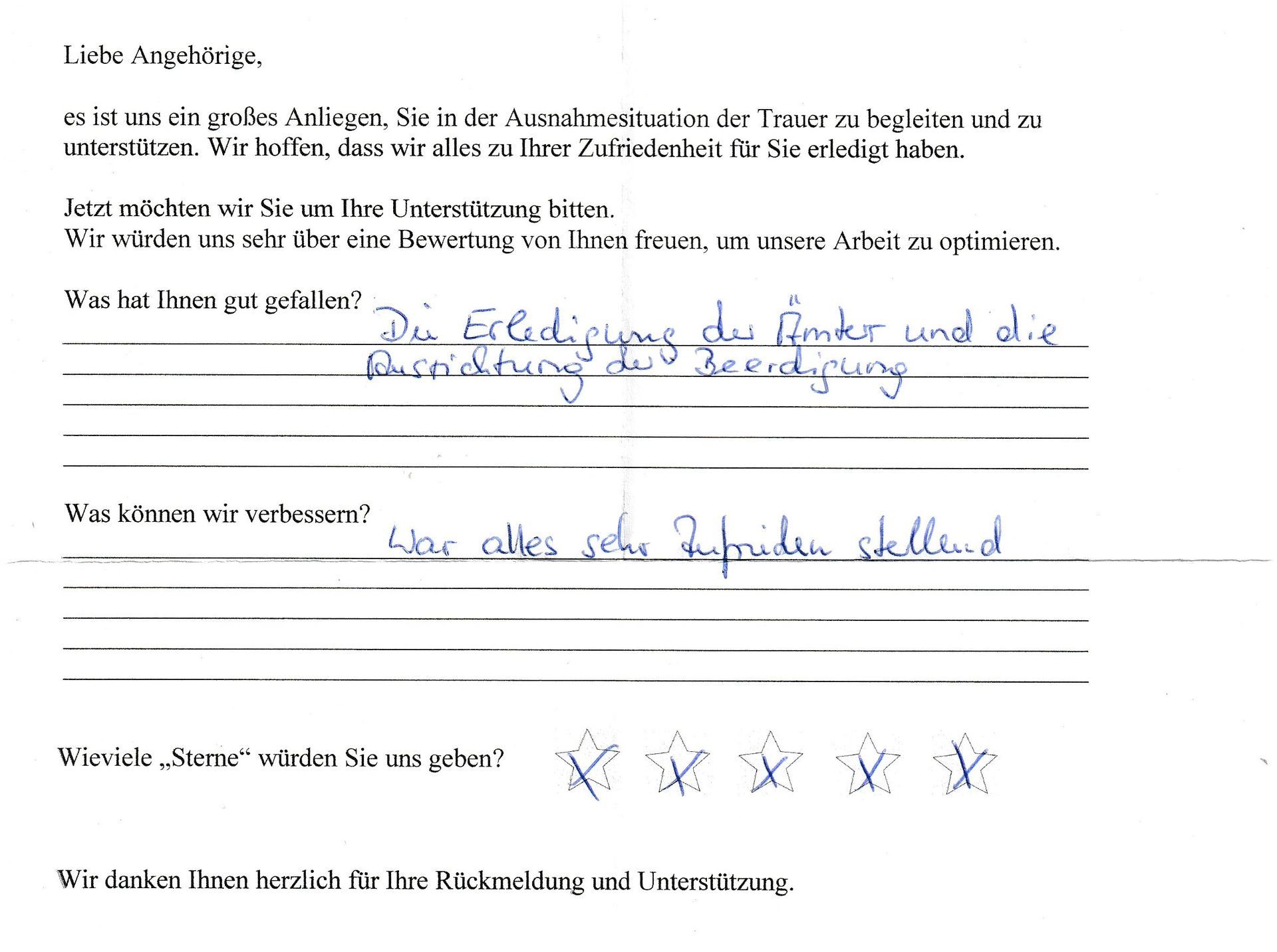 Kundenfeedbackbogen mit handschriftlichen Antworten: Ausführung der Arbeiten und Abwicklung der Dienstleistung. „Alles hat mir gefallen“. Bewertung: 5 Sterne.