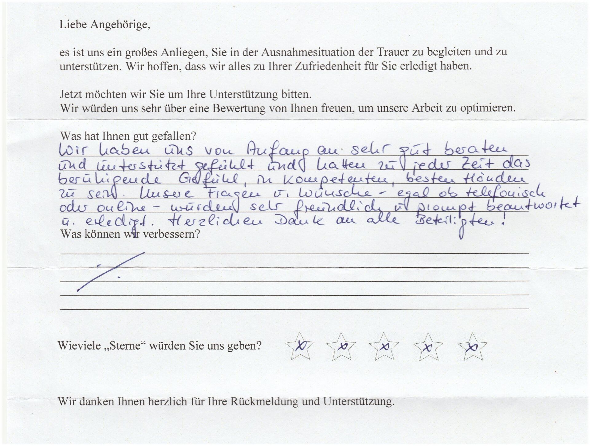 Handschriftliches Kundenfeedbackformular mit einer Rezension und Bewertung auf einer Fünf-Sterne-Skala.
