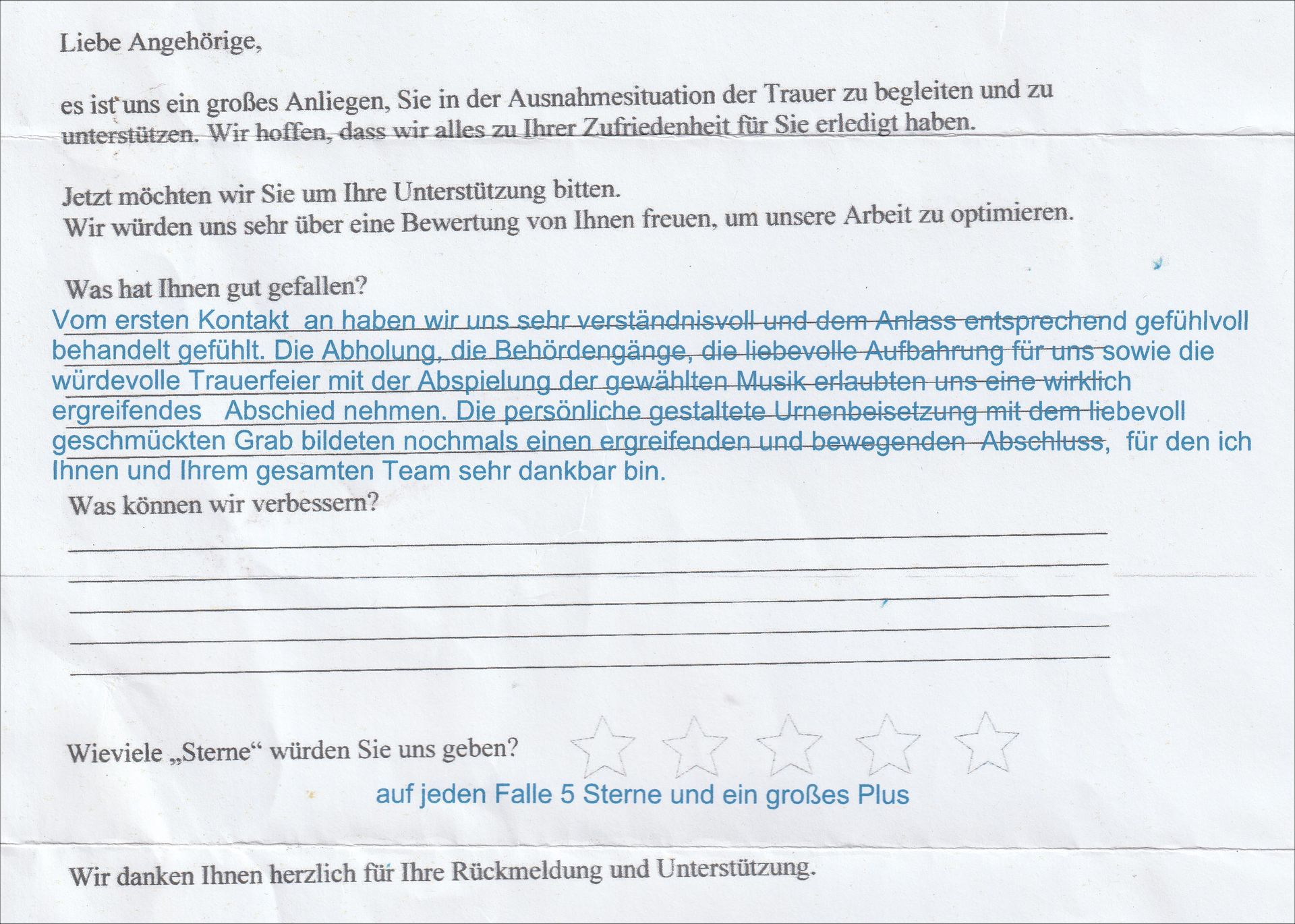 Ein handgeschriebener Brief mit deutschem Text, einschließlich der Phrase „Liebe Angehörige“ und einer Bewertungsskala mit Sternen.