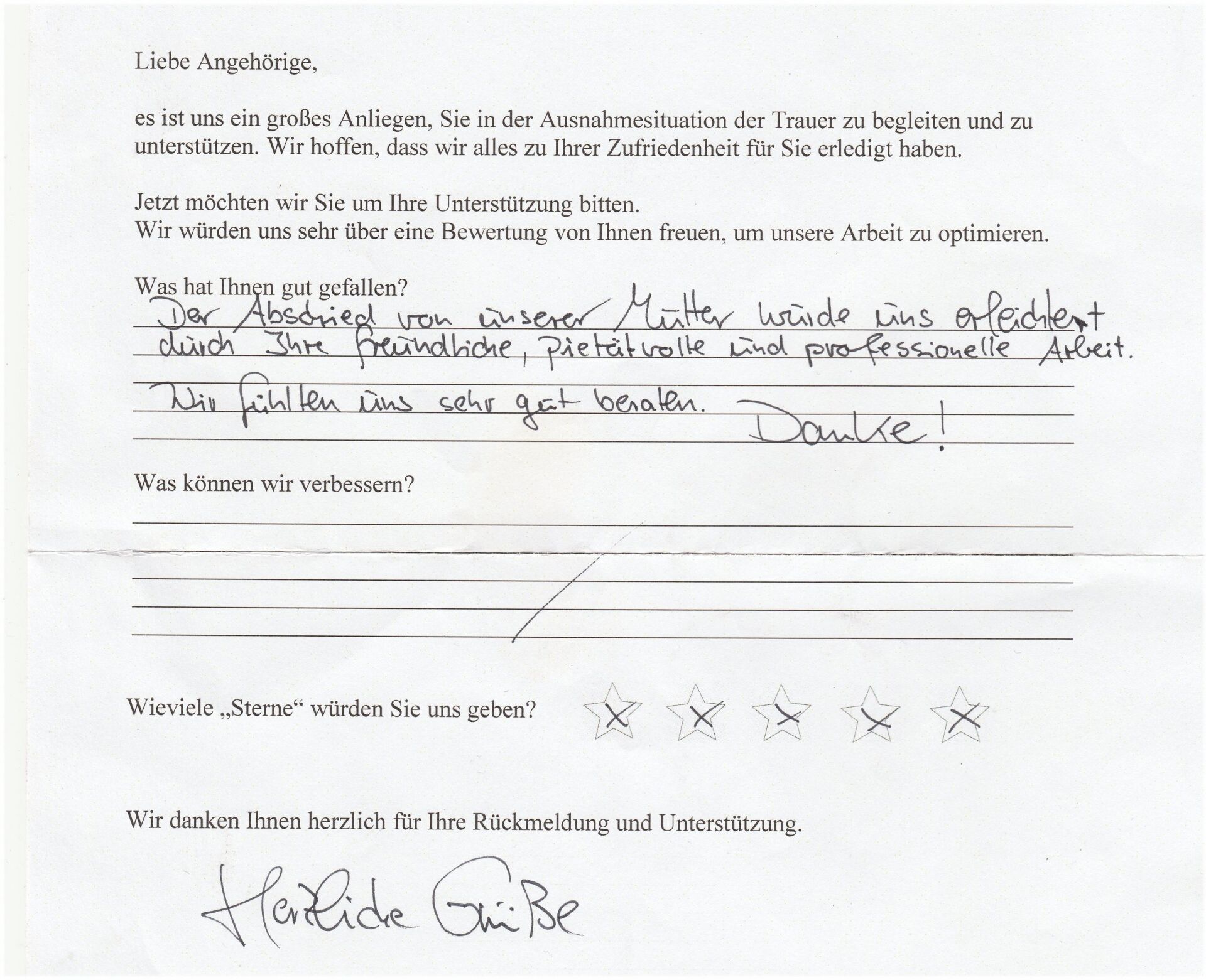 Handschriftliches Zeugnis mit positivem Feedback zu einer Dienstleistung, ausgefüllt auf einem gedruckten Formular, unterschrieben von Halide.