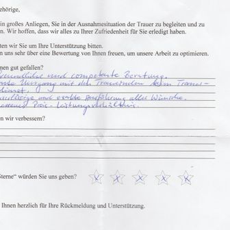 Handwritten customer feedback on a form, mentioning