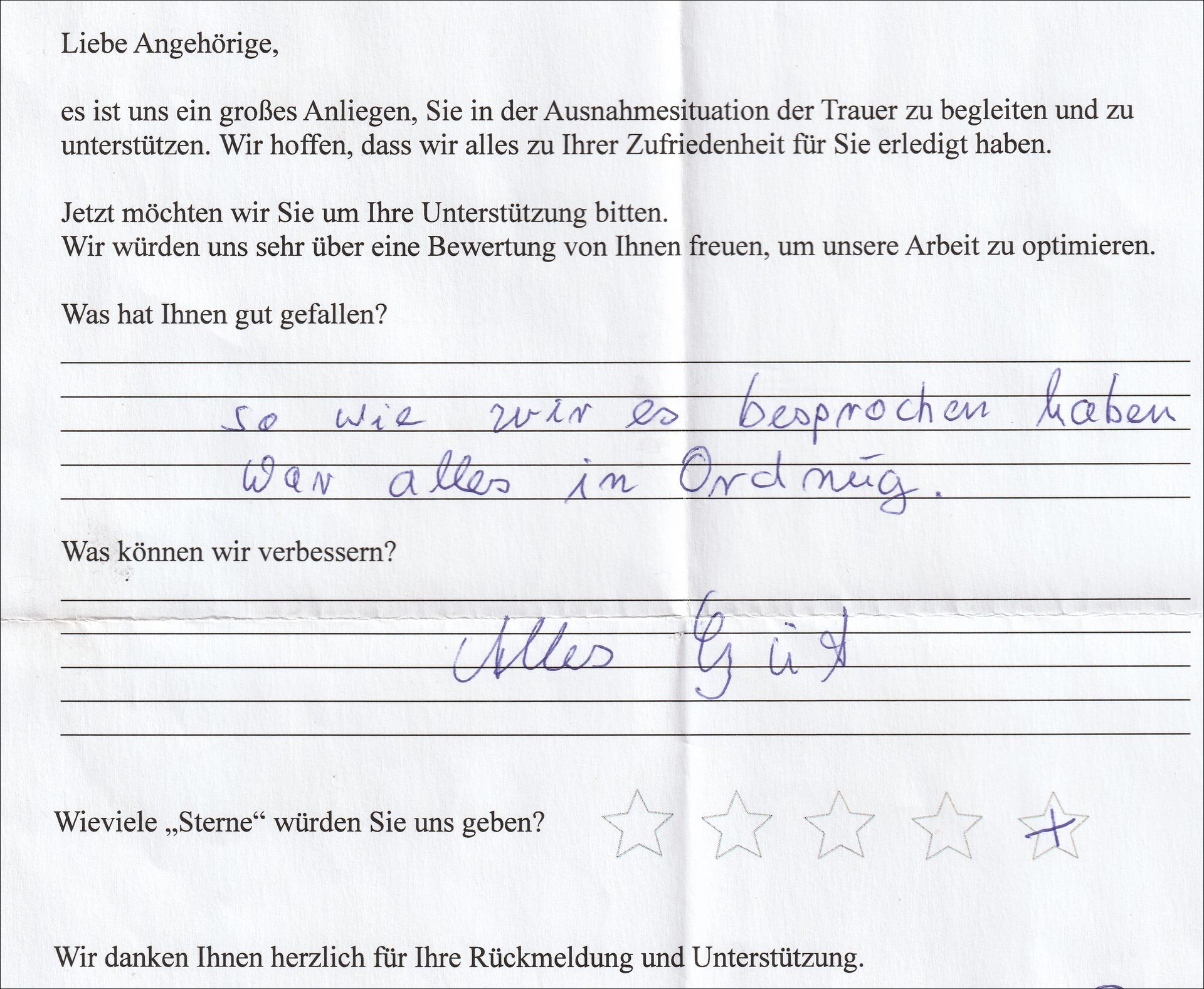 Handwritten feedback form with German text. Answers: