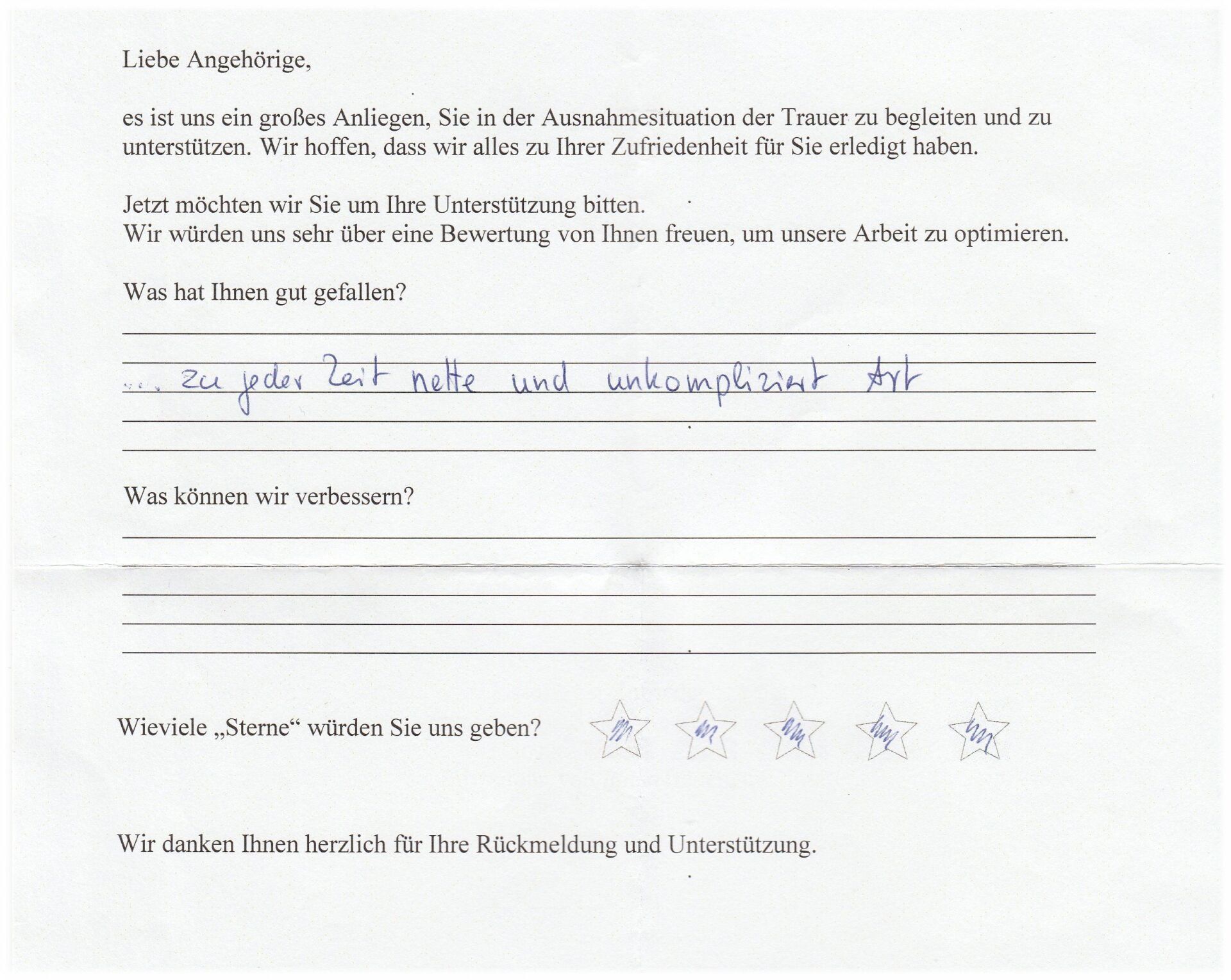 Feedback form: handwritten message