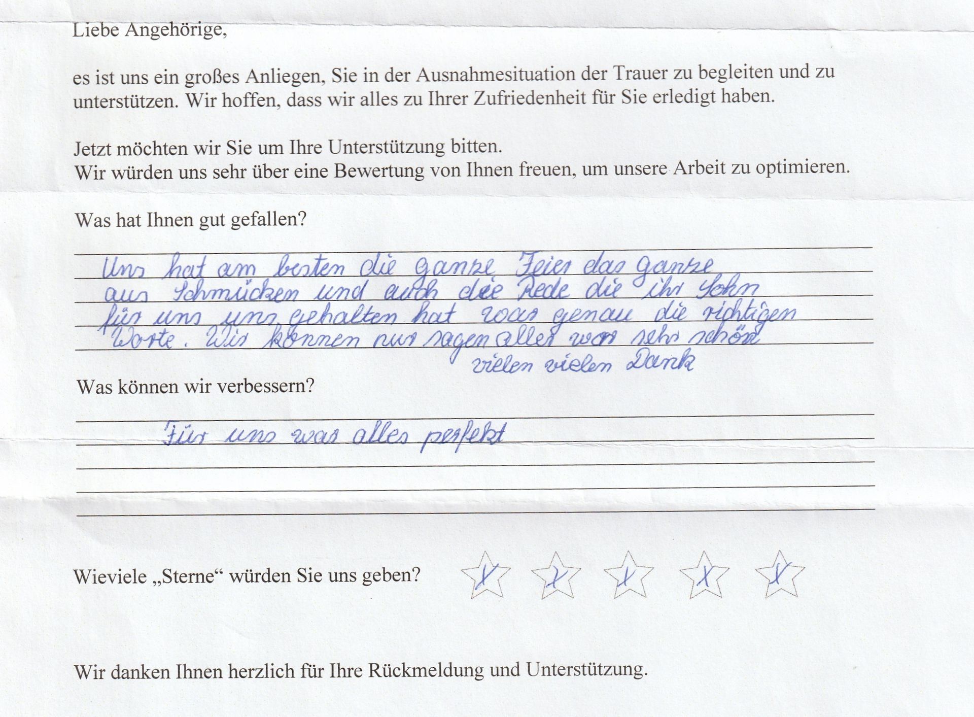 Eine handschriftliche Notiz mit Text und einer Bewertungsskala. Deutsche Sprache.