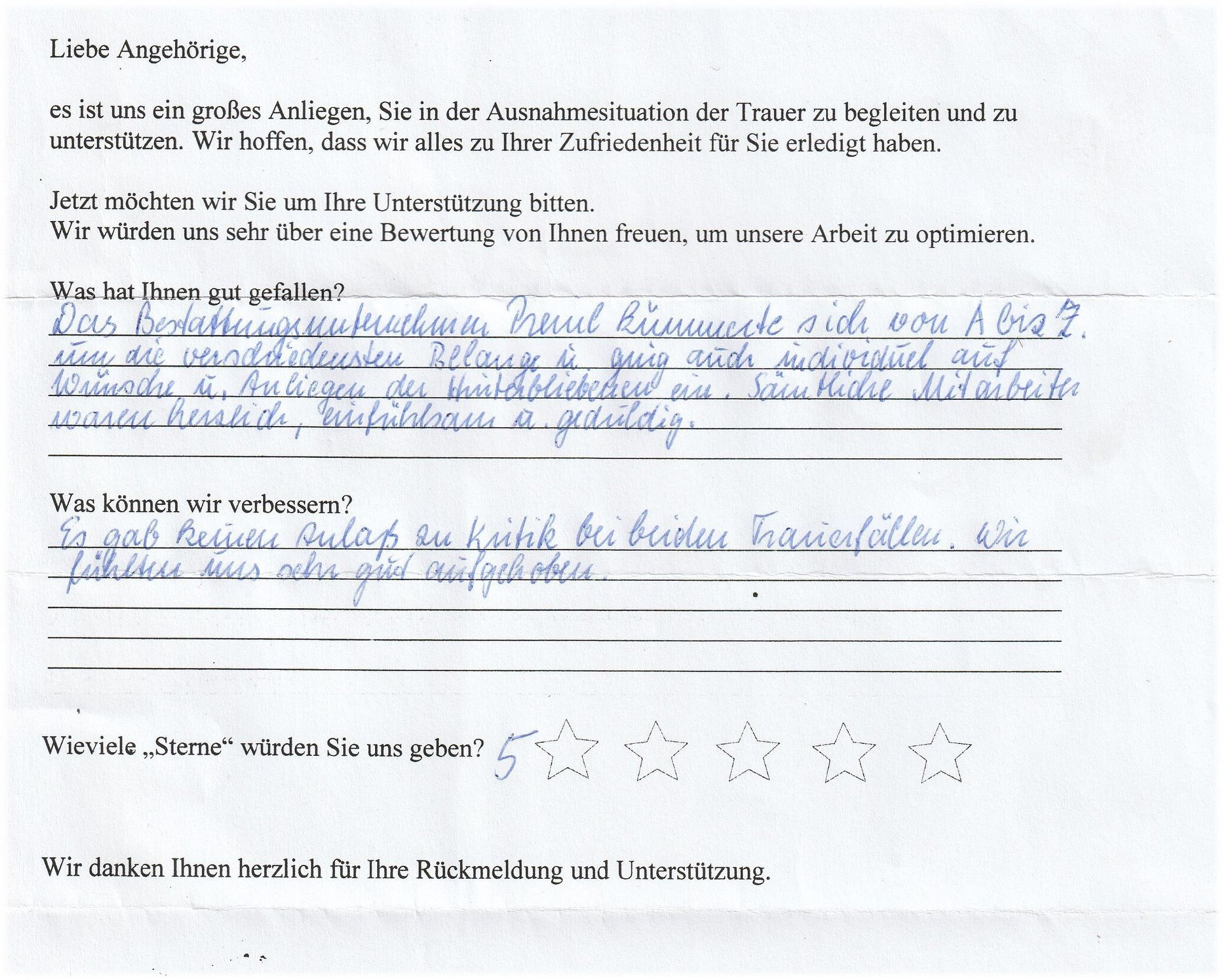 Handschriftliches Kundenfeedbackformular; deutsche Sprache.