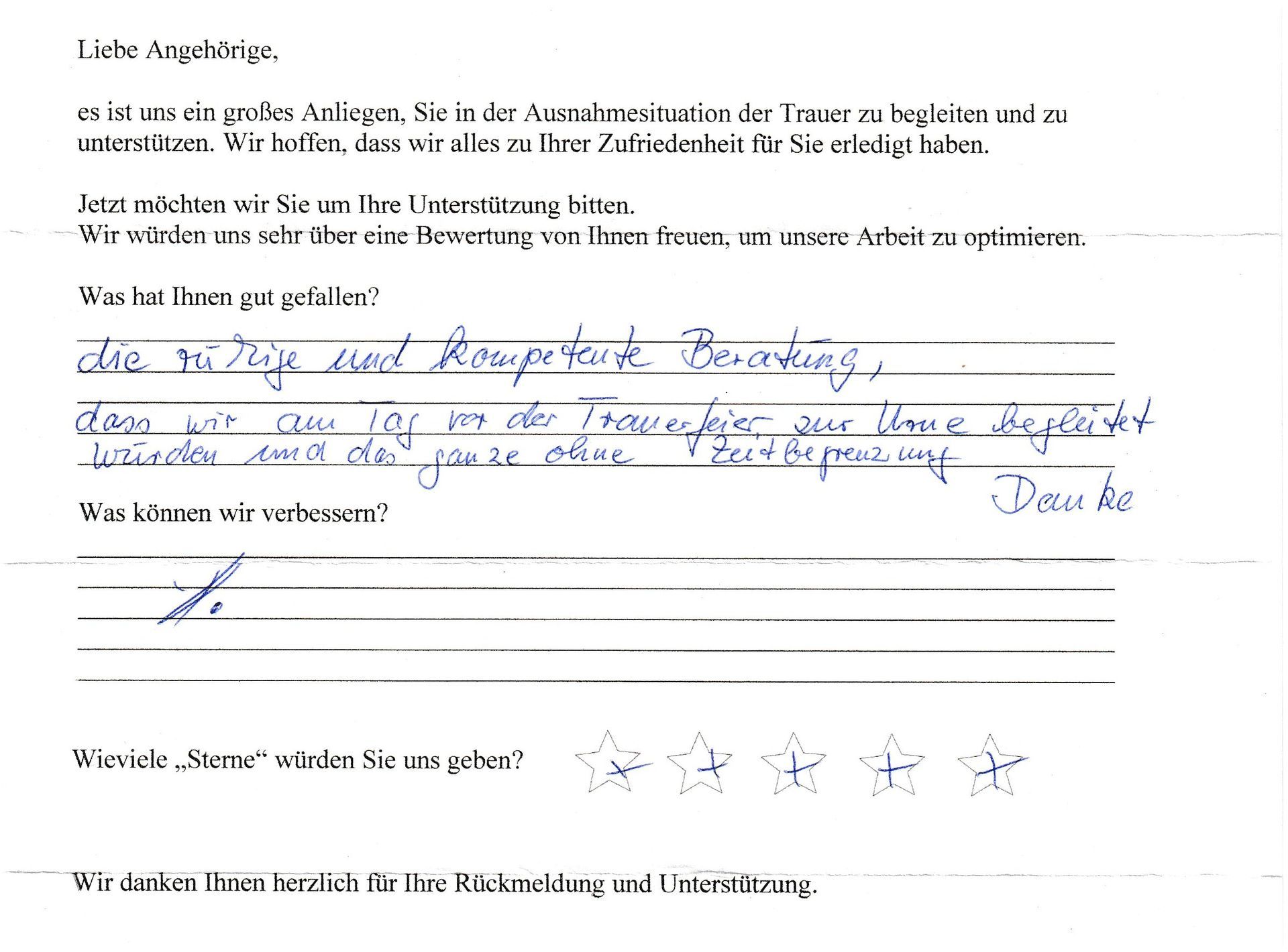 Customer feedback form with handwritten comment: