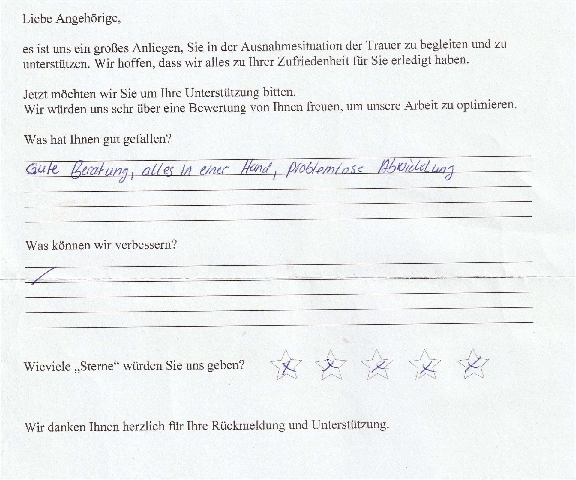 Feedback form with handwritten text: