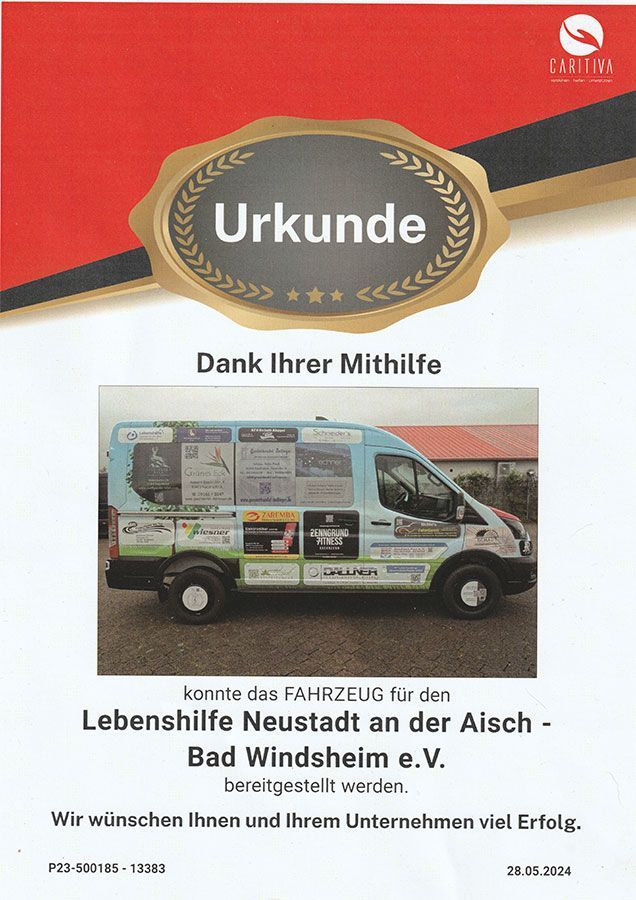 Certificate thanking for help in providing a vehicle for Lebenshilfe Neustadt an der Aisch - Bad Windsheim e.V.