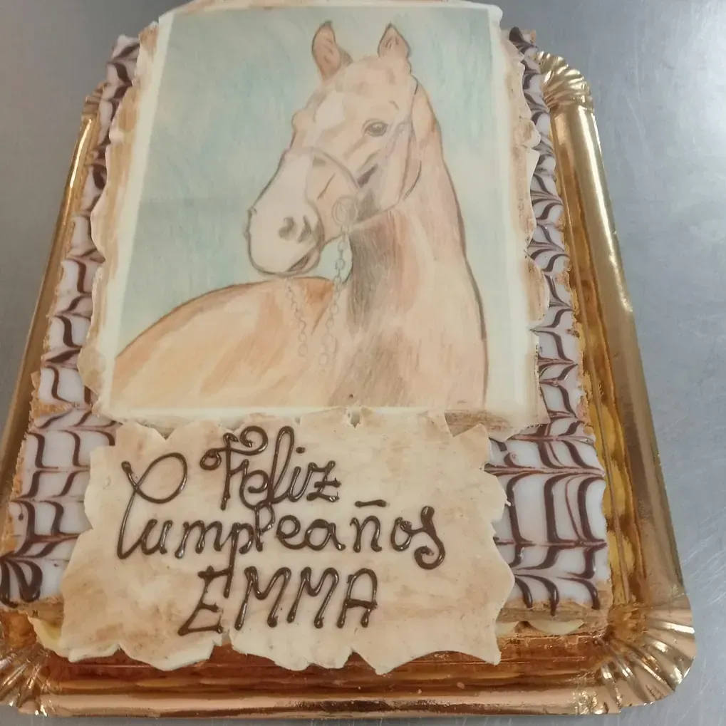 Una tarta de cumpleaños con la imagen de un caballo y las palabras feliz cumpleanos emma