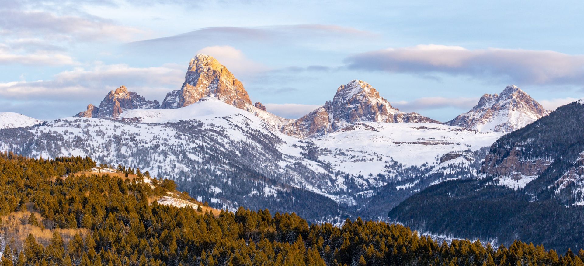 A snowy mountain range with trees in the foreground and a blue sky in the background.
