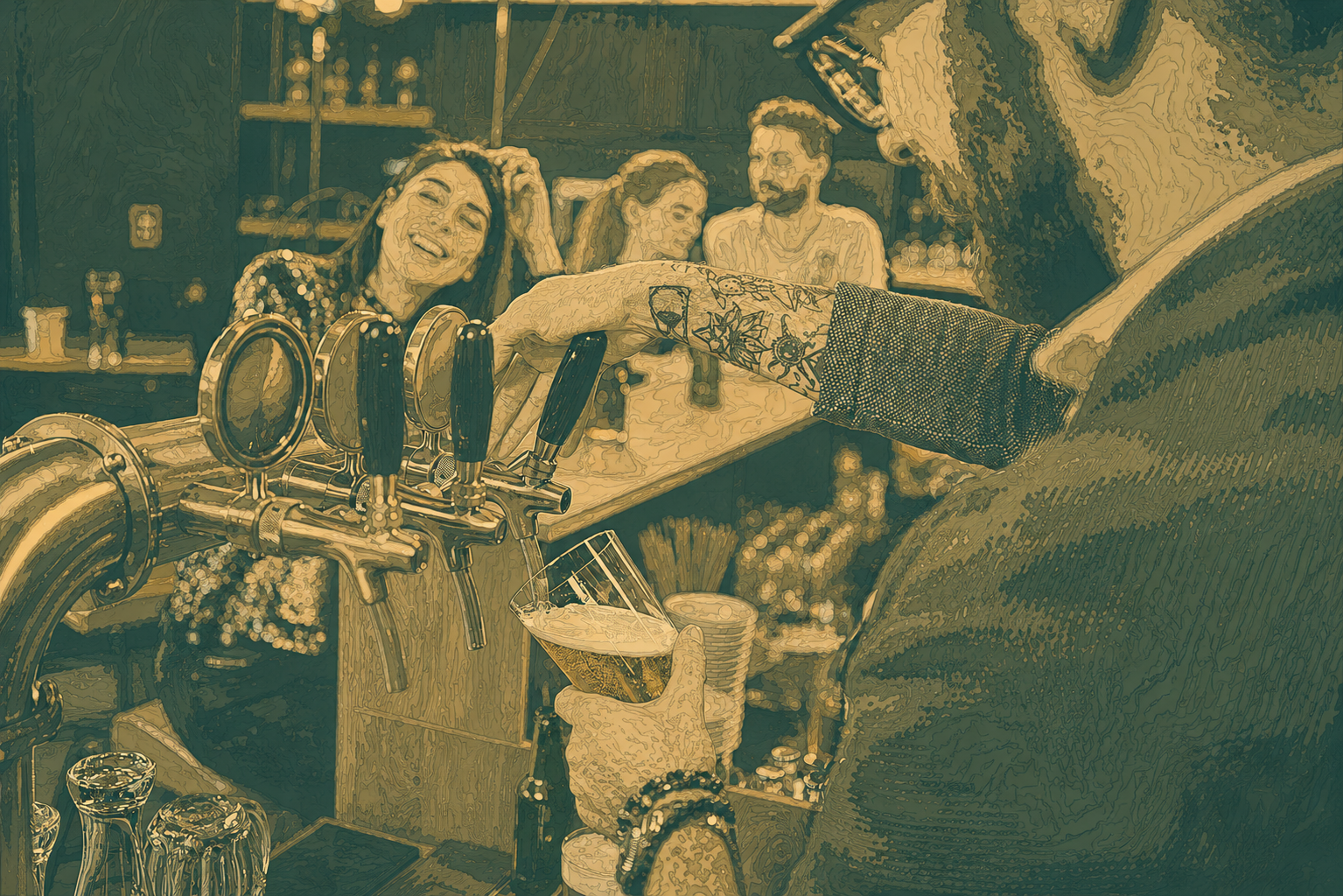 A man is pouring beer into a glass at a bar.