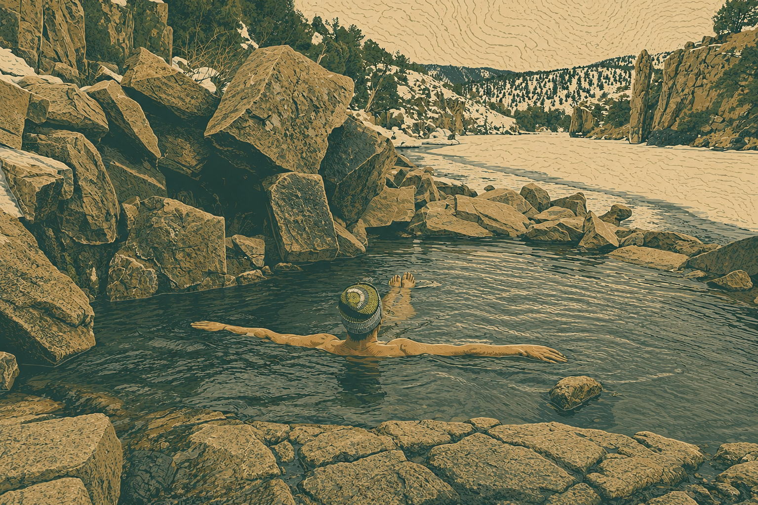 Man relaxing in a natural hot spring near Teton Valley, Idaho with mountain views