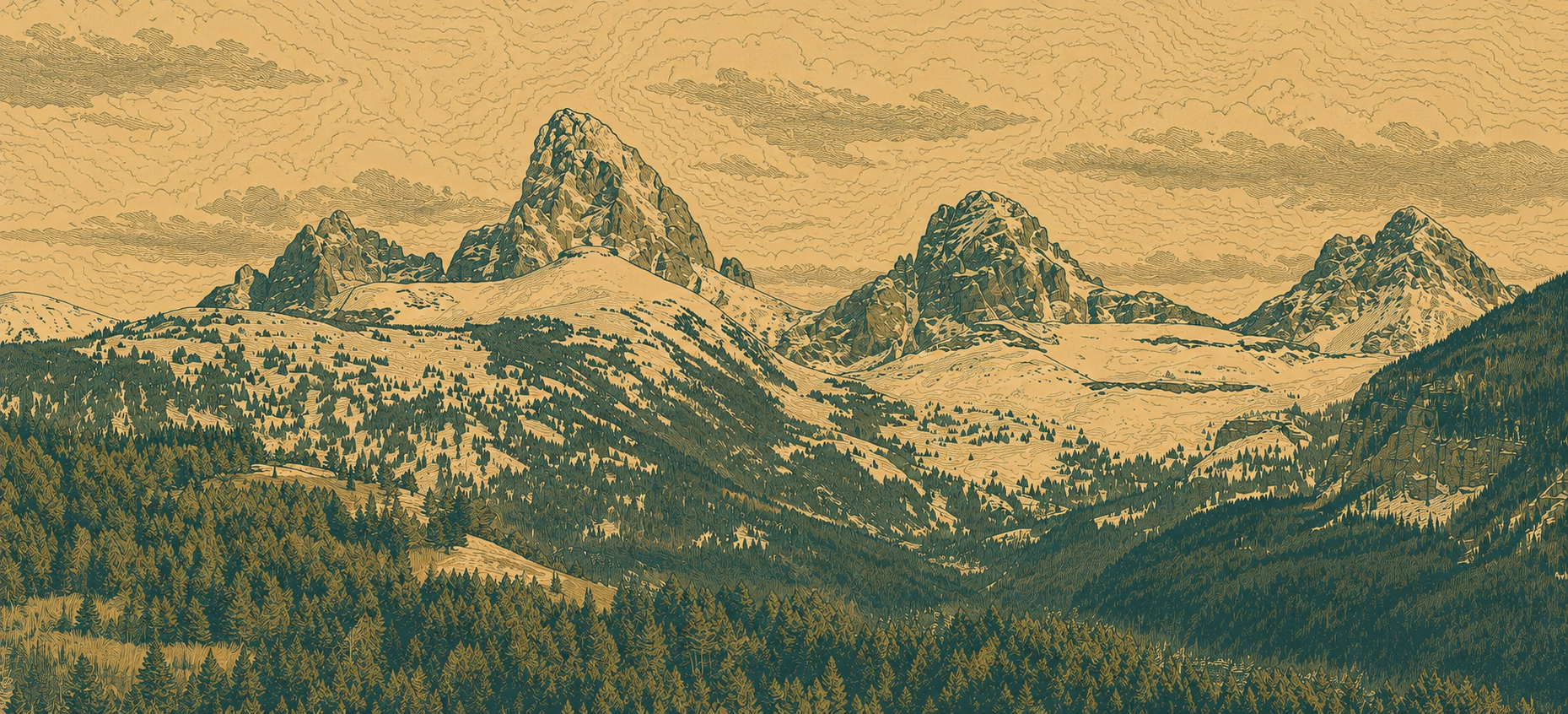 A snowy mountain range with trees in the foreground and a blue sky in the background.