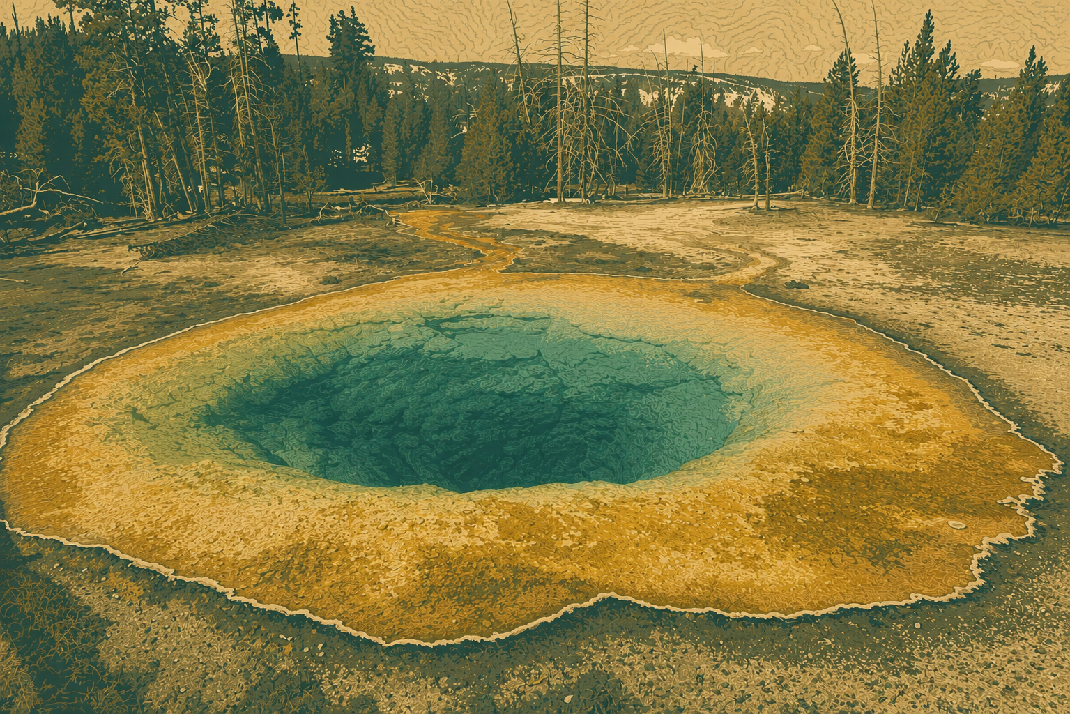 A geyser is erupting into the water at sunset.