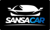 Logotipo para SANSA CAR: silueta de autom&oacute;vil blanco sobre texto negro "SANSA" y "CAR" azul sobre fondo negro.