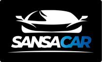 Logotipo para SANSA CAR: silueta de autom&oacute;vil blanco sobre texto negro "SANSA" y "CAR" azul sobre fondo negro.