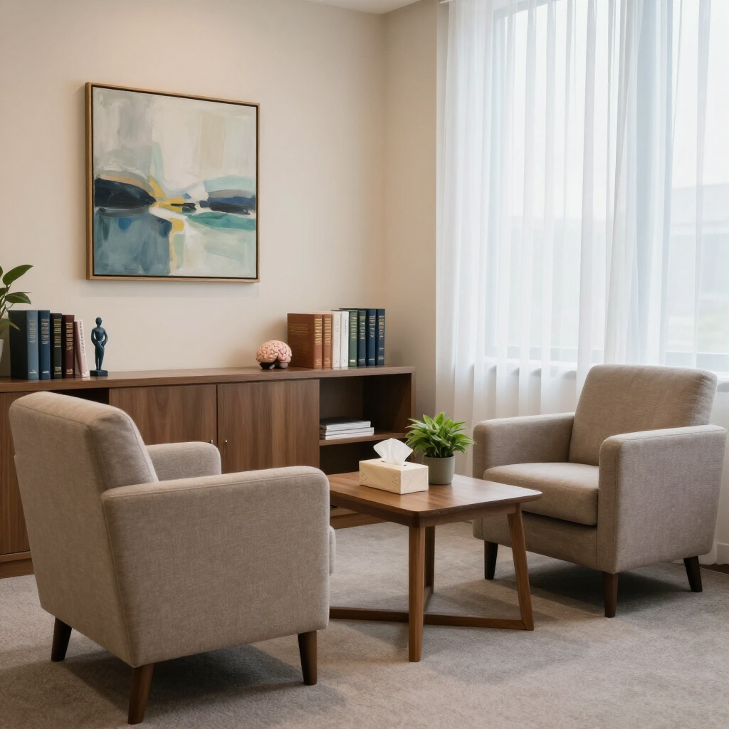 Luminoso salón con dos sillones beige, una mesa de centro de madera y un aparador junto a la ventana.