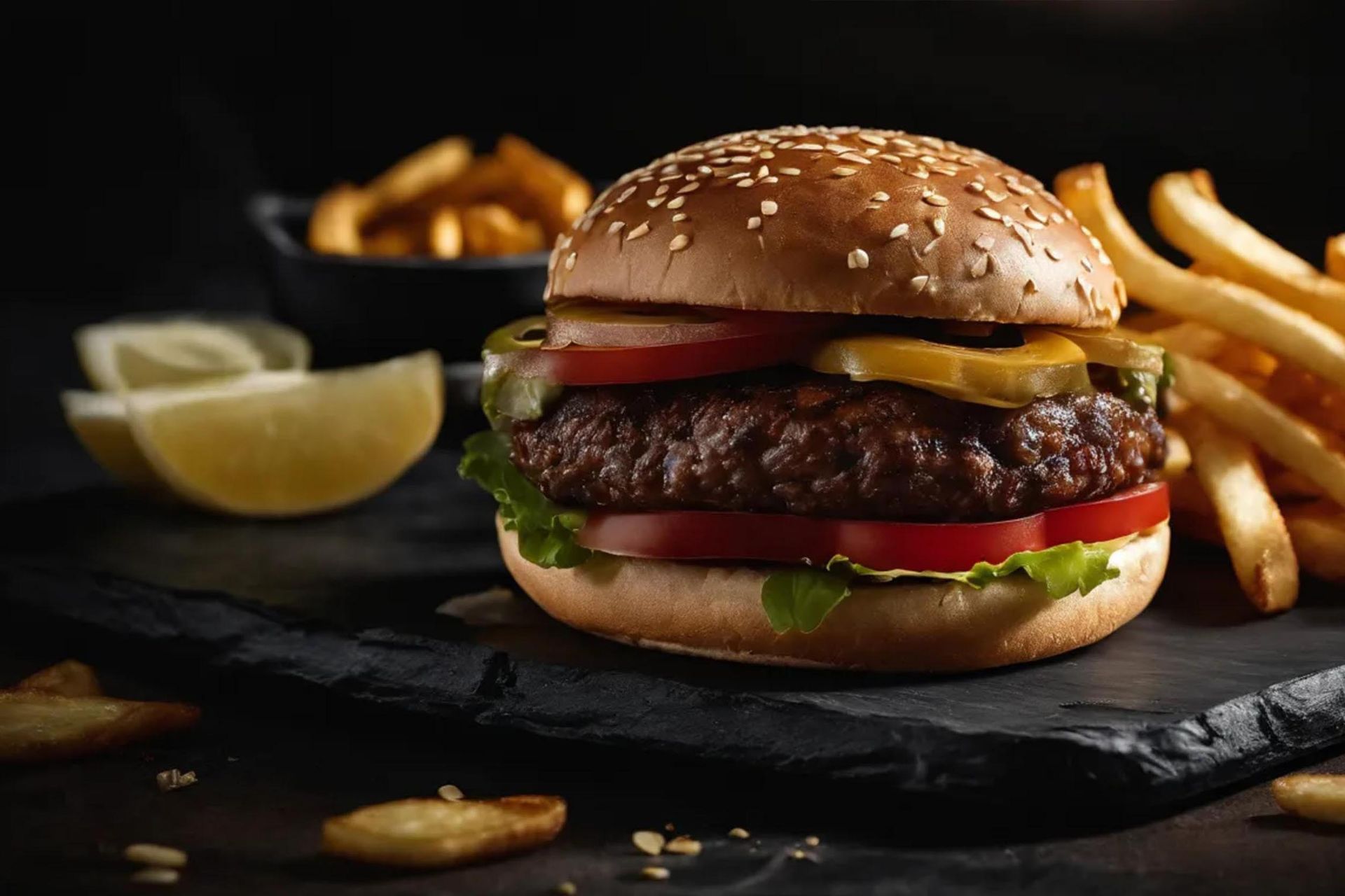 Una hamburguesa y papas fritas están en una tabla de cortar.