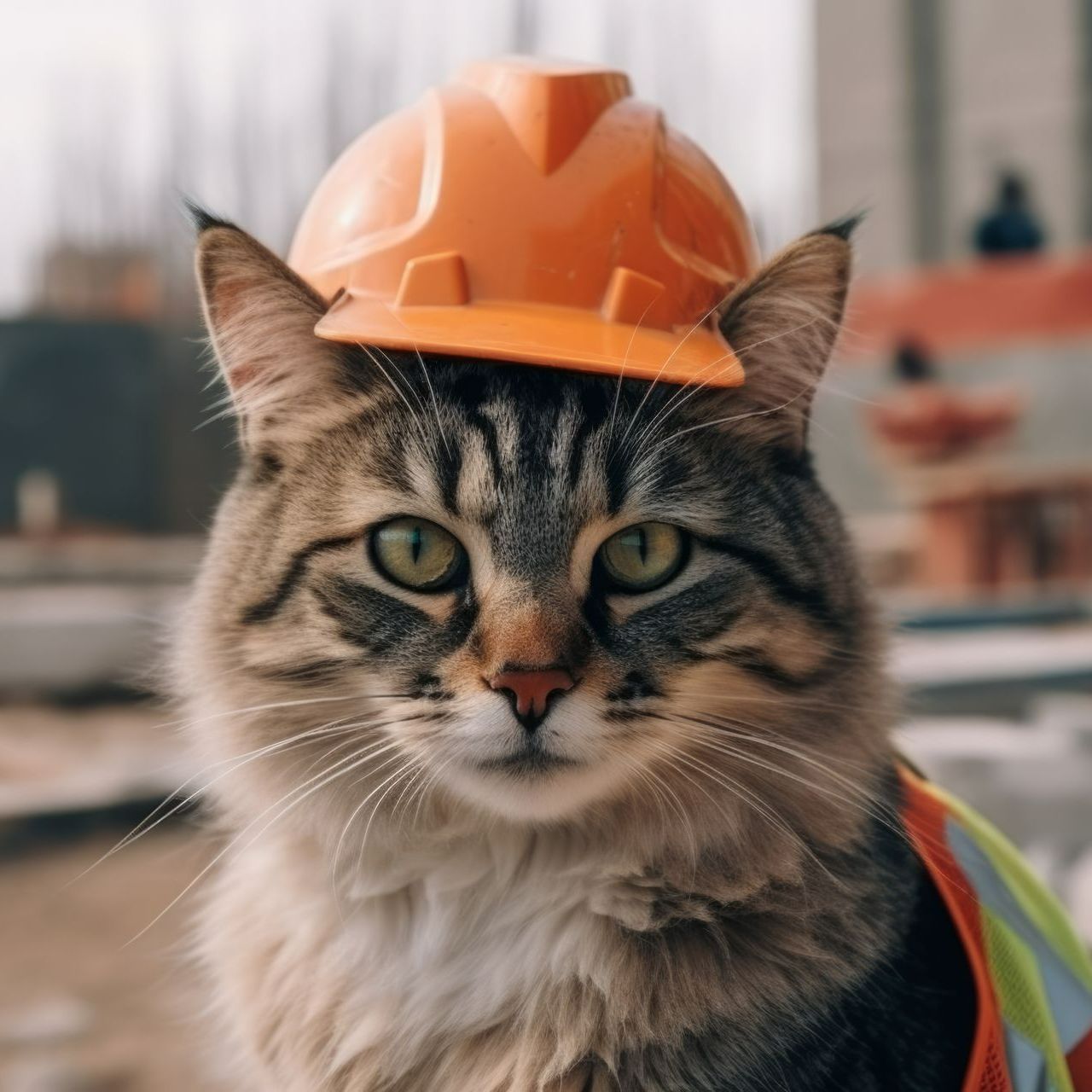 Chat avec casque de chantier orange