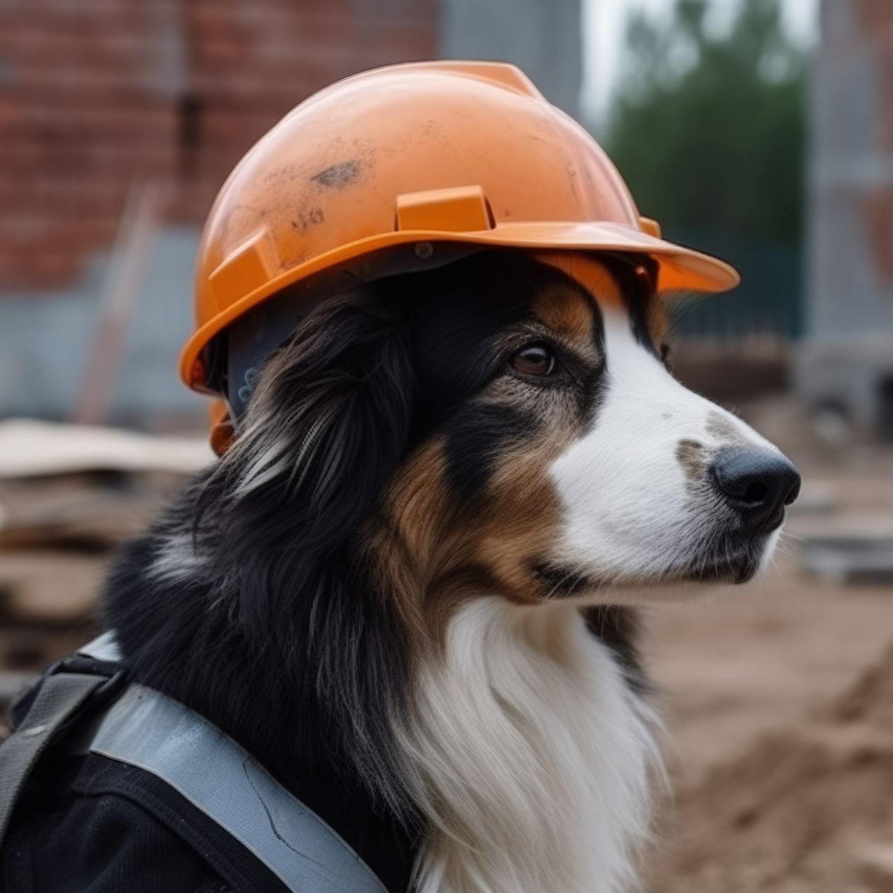 Chien avec casque de chantier orange