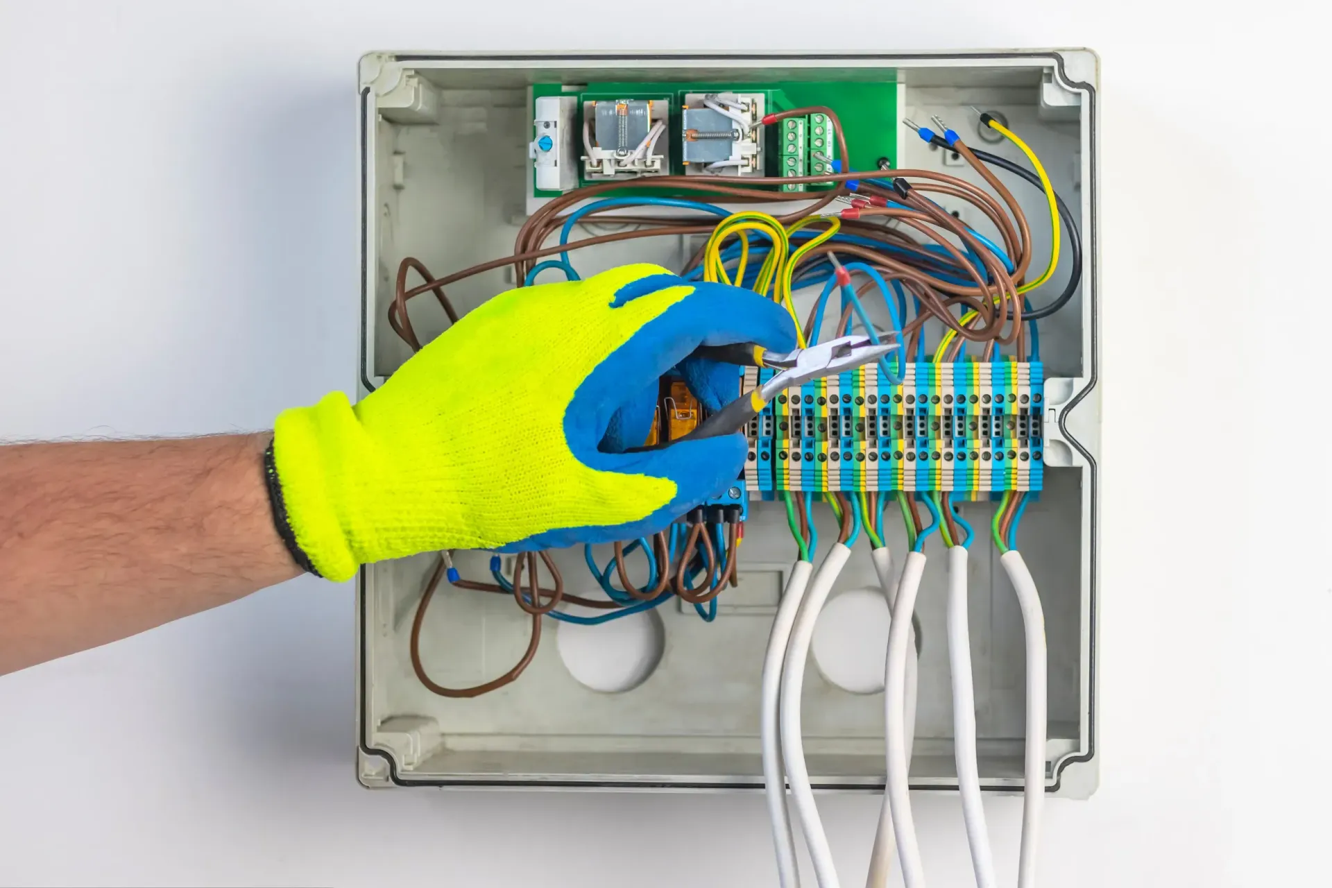 Mano en un guante amarillo y azul trabajando en el cableado eléctrico en un panel.