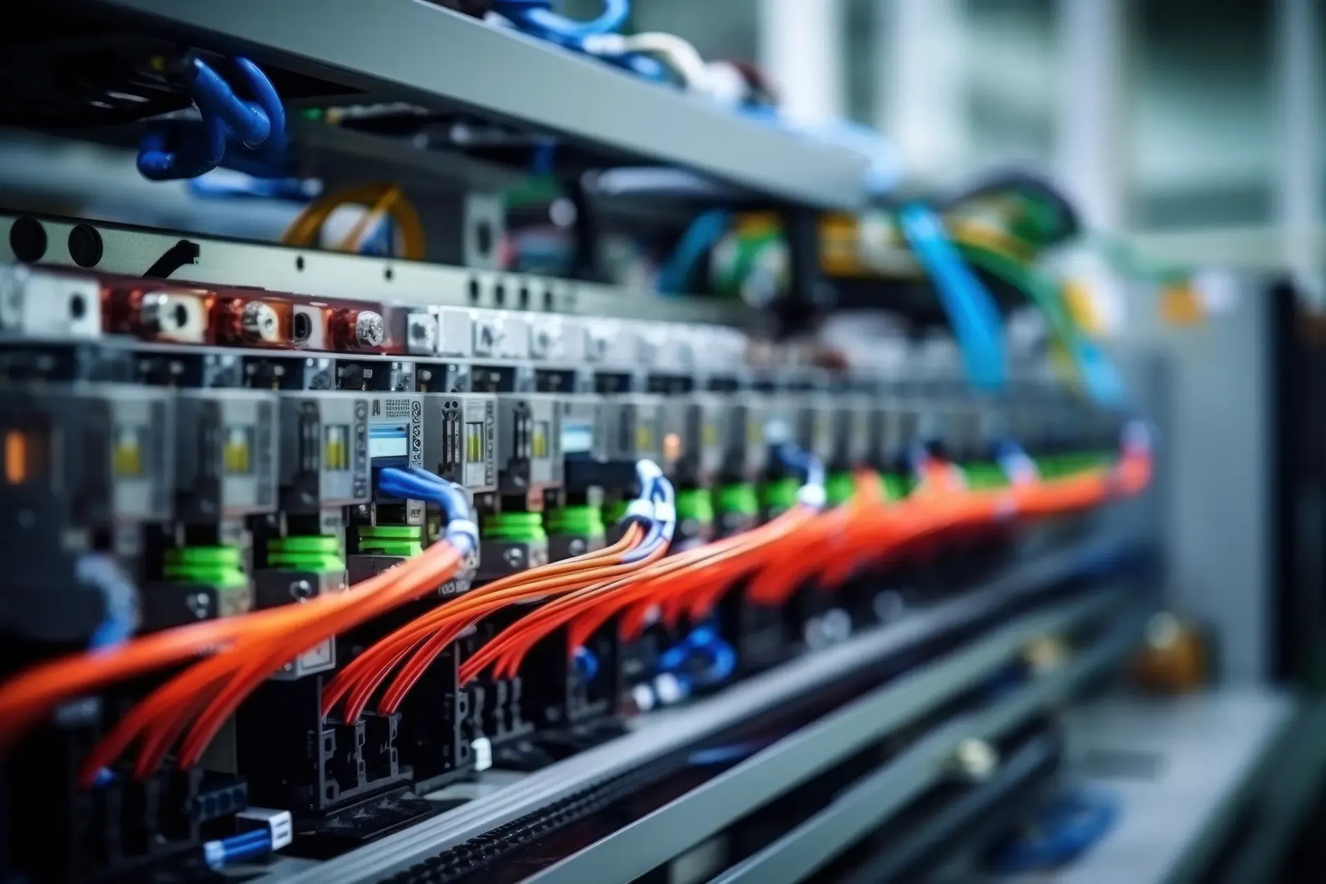 Rack de servidor con cables naranjas y azules conectados a varios componentes.