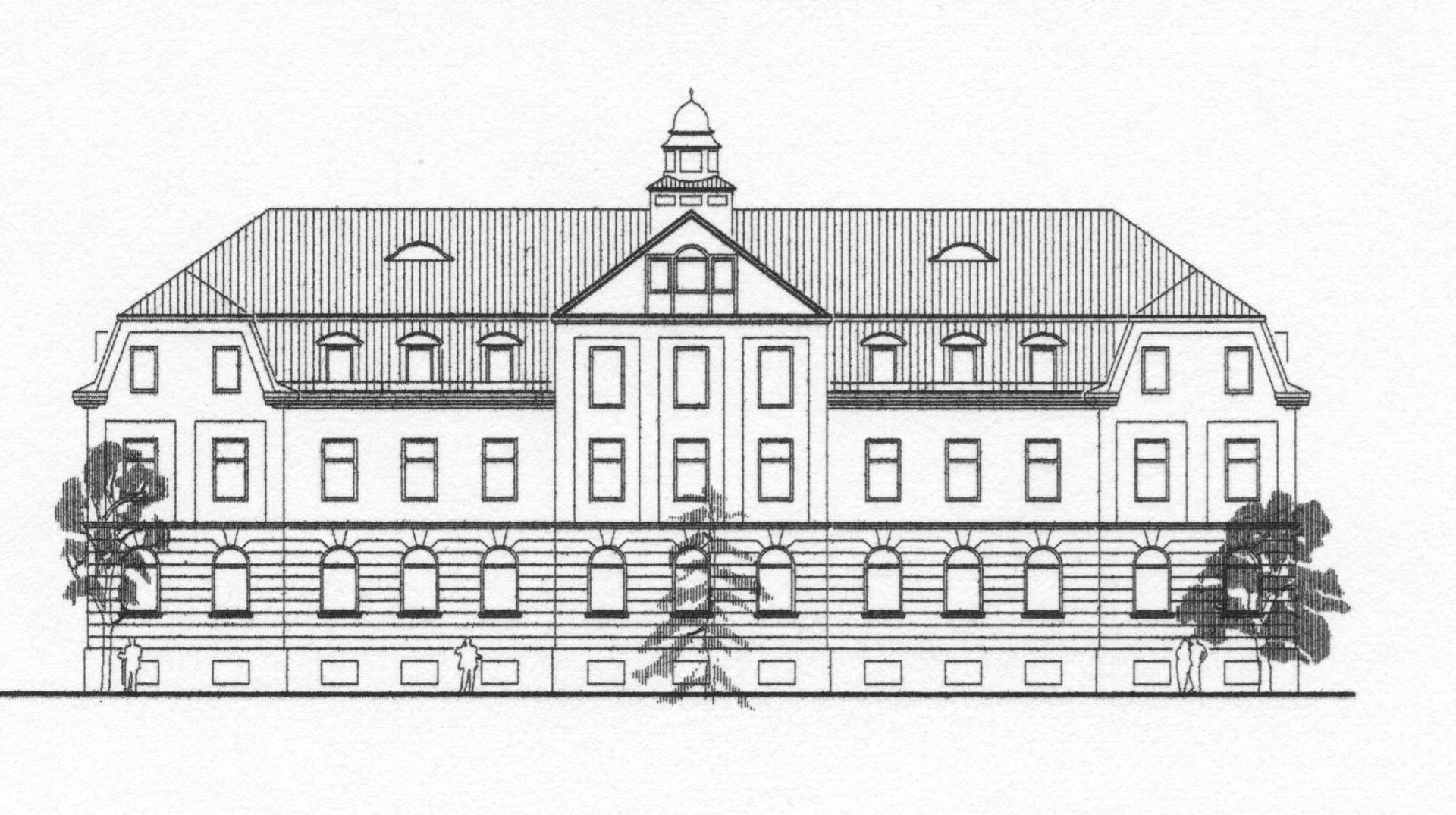 Technische Zeichnung, Frontansicht: Verwaltungsgebäude für den Evangelischen Jugendheime Heidenheim e.V.
