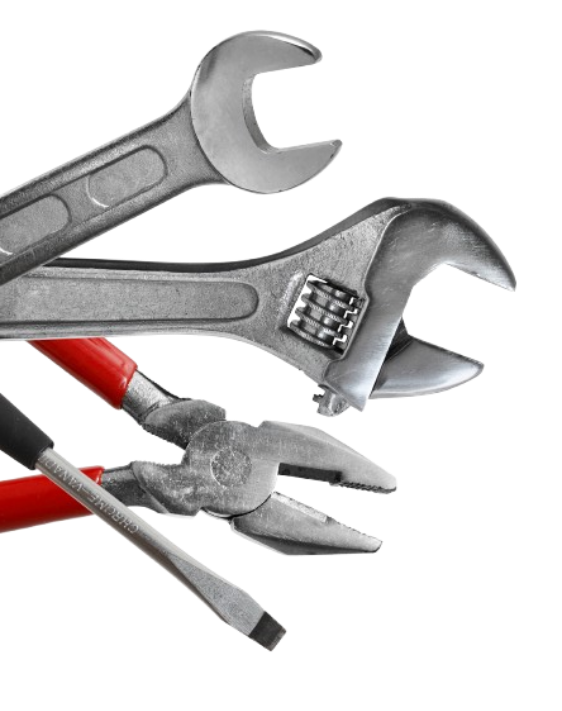 Un ensemble d'outils comprenant une clé, une clé réglable, une pince à poignées rouges et un tournevis.