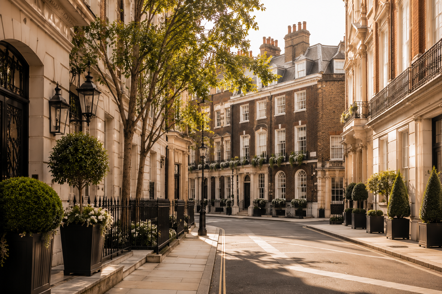Tree-lined street between historic buildings in warm sunlight, with potted plants and parked bikes