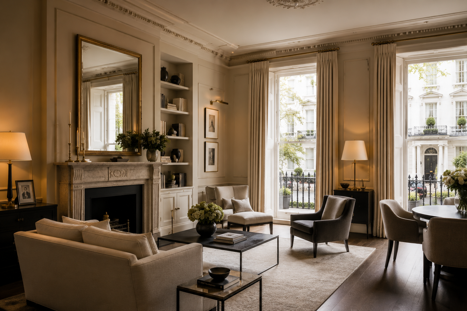 Luxurious open foyer with curved staircase, balcony, large windows, and dark leather seating area