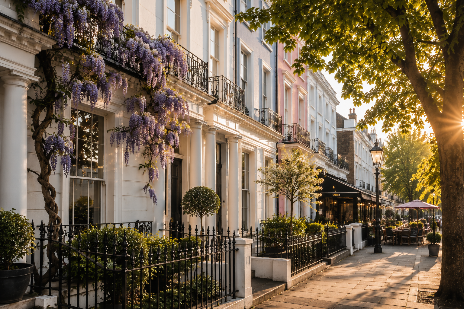Sunlit residential street with white townhouses, purple wisteria, and a tree-lined sidewalk
