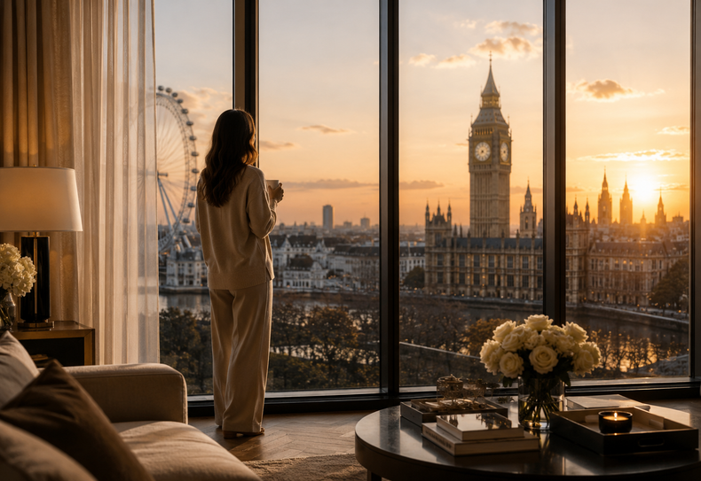 Woman stands by a window overlooking Big Ben and the London skyline at sunset.