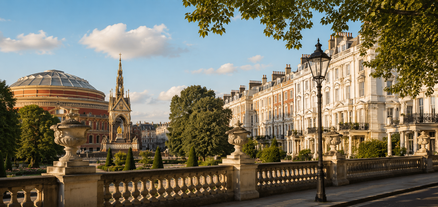 Historic cityscape with a domed building, ornate white terrace, trees, and a riverfront promenade at sunset