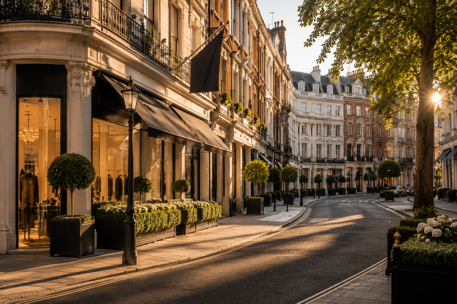 Elegant tree-lined street with historic buildings, storefronts, and warm evening light