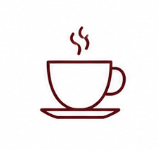 Maroon outline of a steaming coffee cup on a saucer