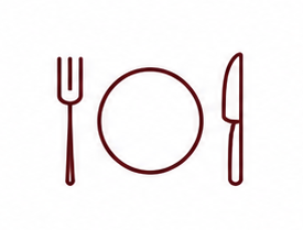 Outline of a fork, plate, and knife in dark red, arranged like a place setting.