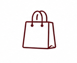 Maroon outline of a shopping bag with handles on a white background