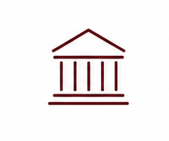 Maroon courthouse or government building icon with columns and triangular roof