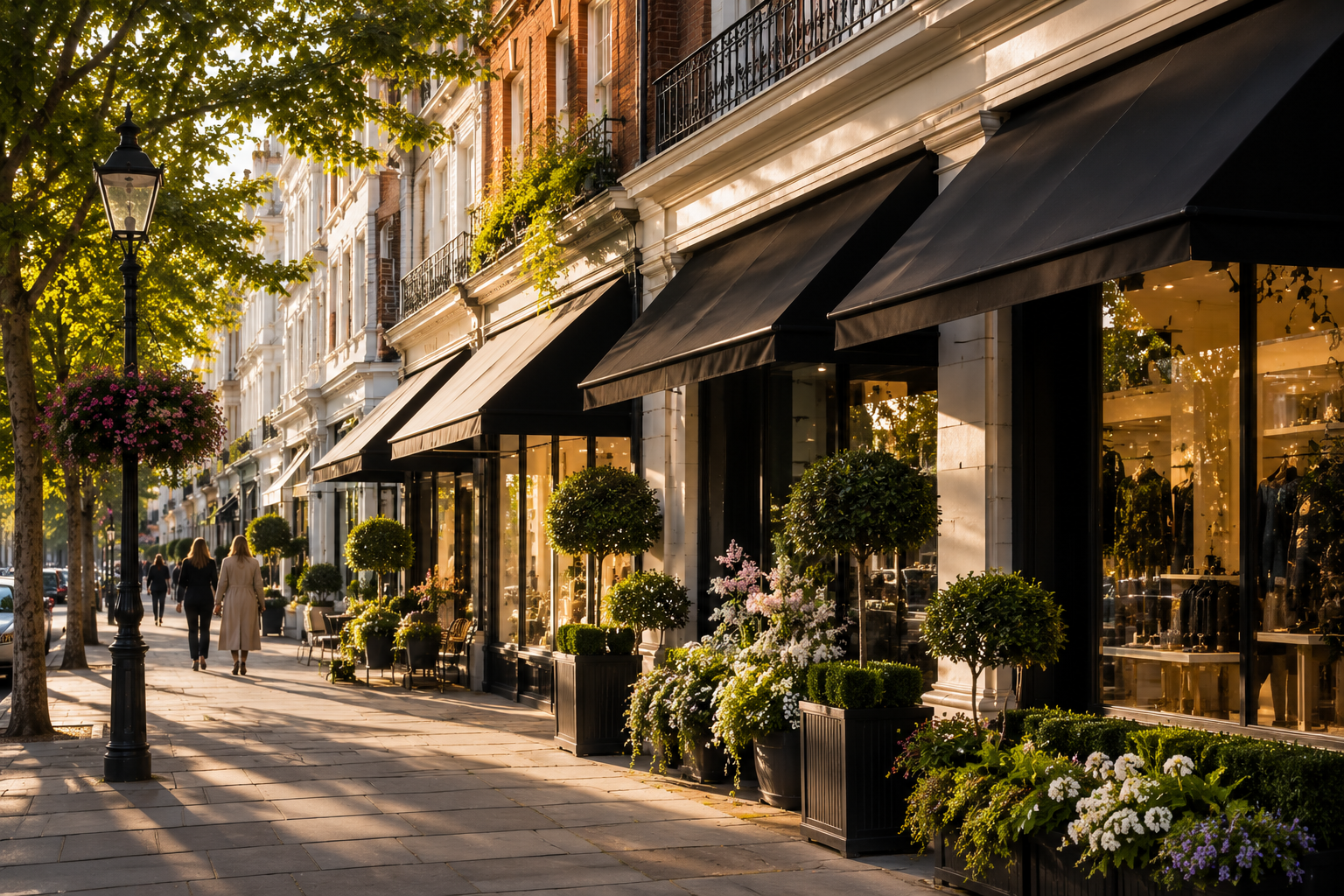 Sunlit sidewalk with storefronts, black awnings, and potted plants along a tree-lined street